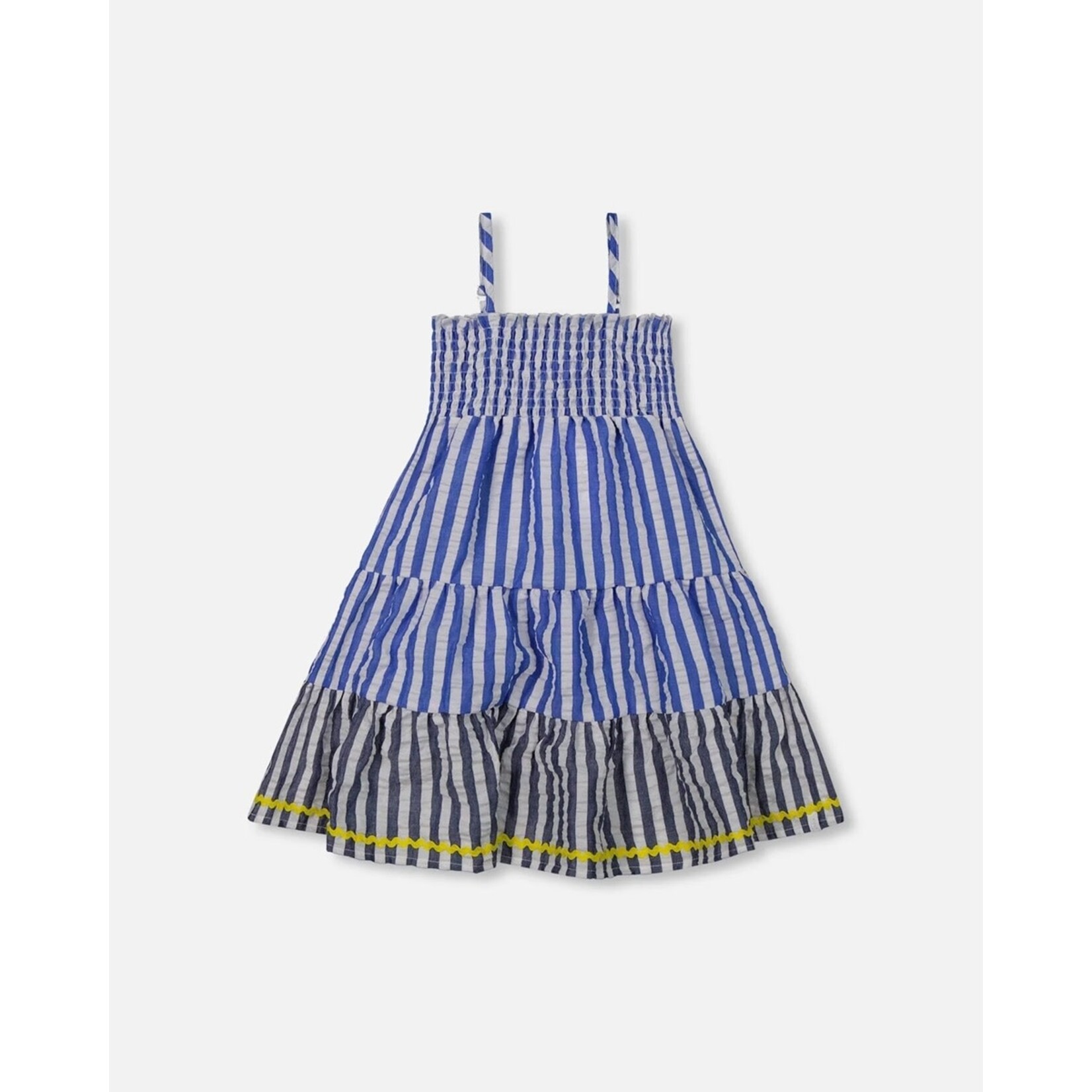 Deux par Deux DEUX PAR DEUX - Smocked Seersucker Peasant Dress Blue And White Striped 'Line up for stripes'
