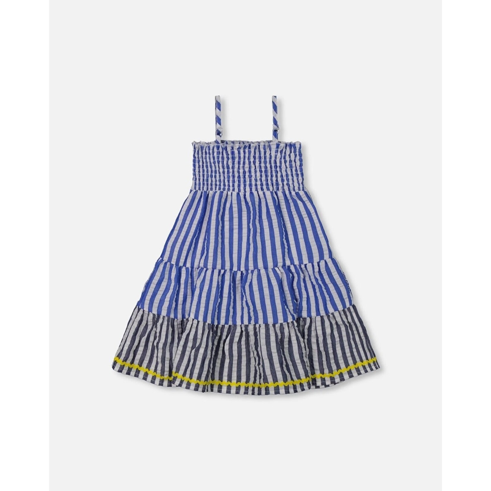 Deux par Deux DEUX PAR DEUX - Smocked Seersucker Peasant Dress Blue And White Striped 'Line up for stripes'
