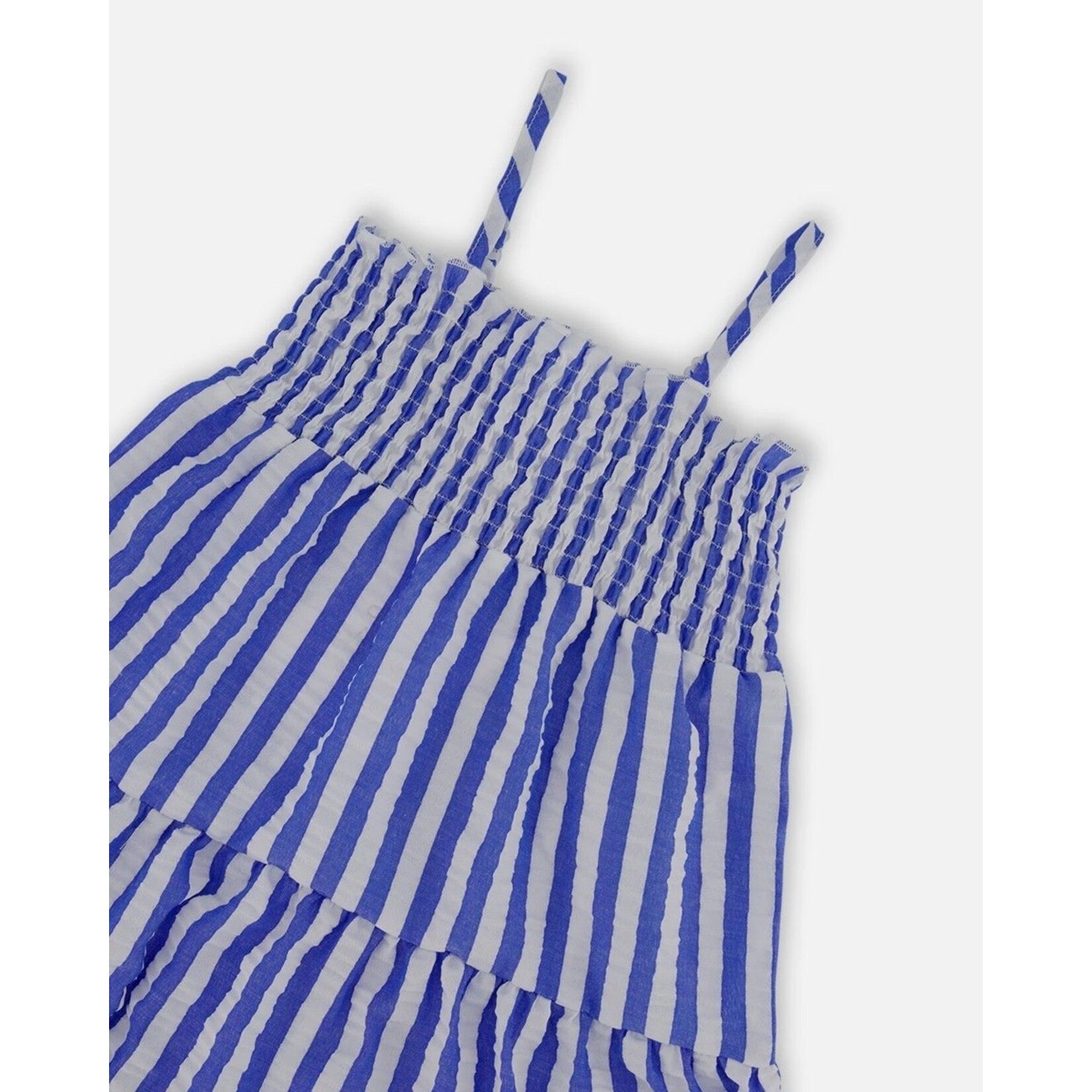 Deux par Deux DEUX PAR DEUX - Smocked Seersucker Peasant Dress Blue And White Striped 'Line up for stripes'