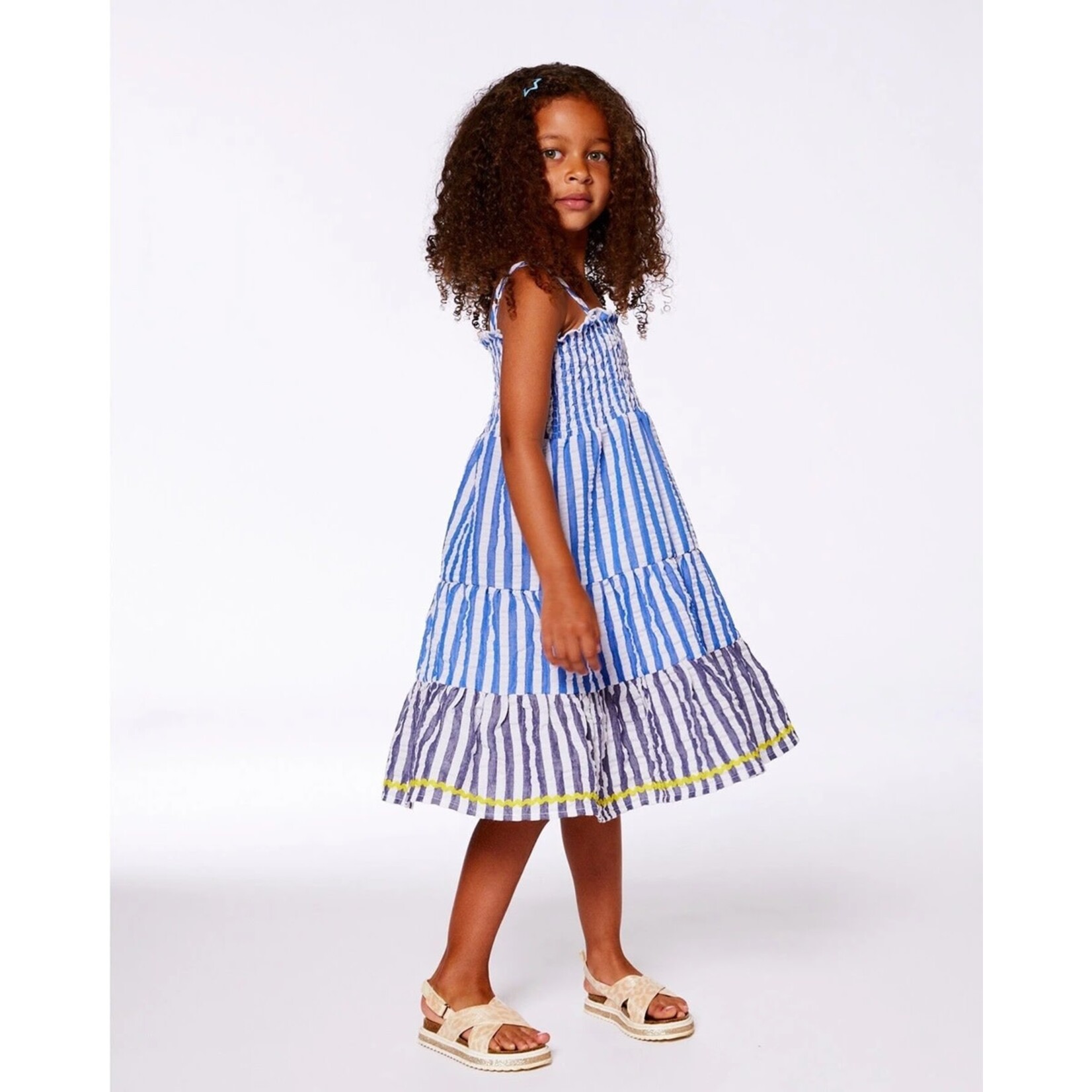 Deux par Deux DEUX PAR DEUX - Smocked Seersucker Peasant Dress Blue And White Striped 'Line up for stripes'