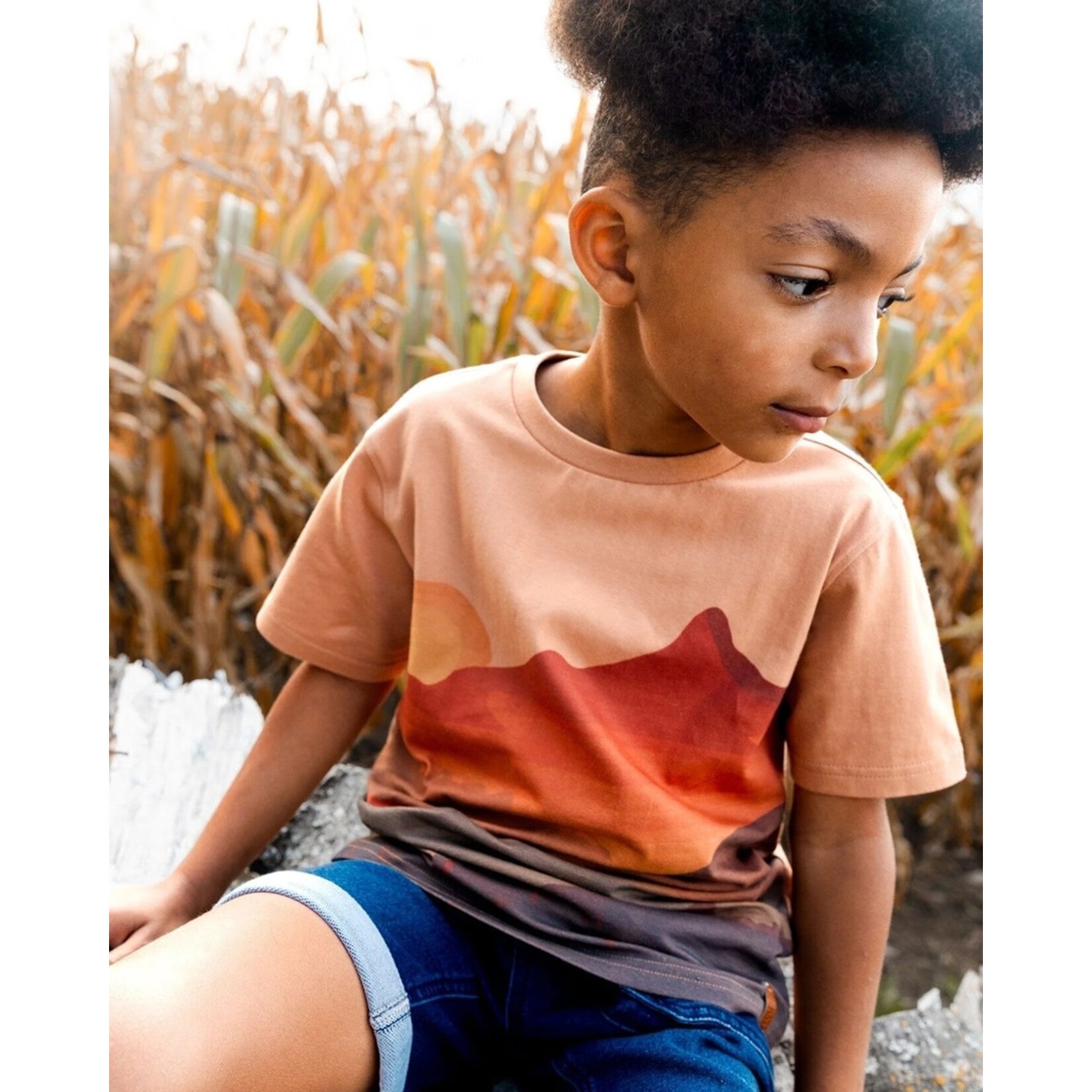 Deux par Deux DEUX PAR DEUX- T-shirt à manches courtes orange avec imprimé du coucher de soleil 'B.O.Y.S'