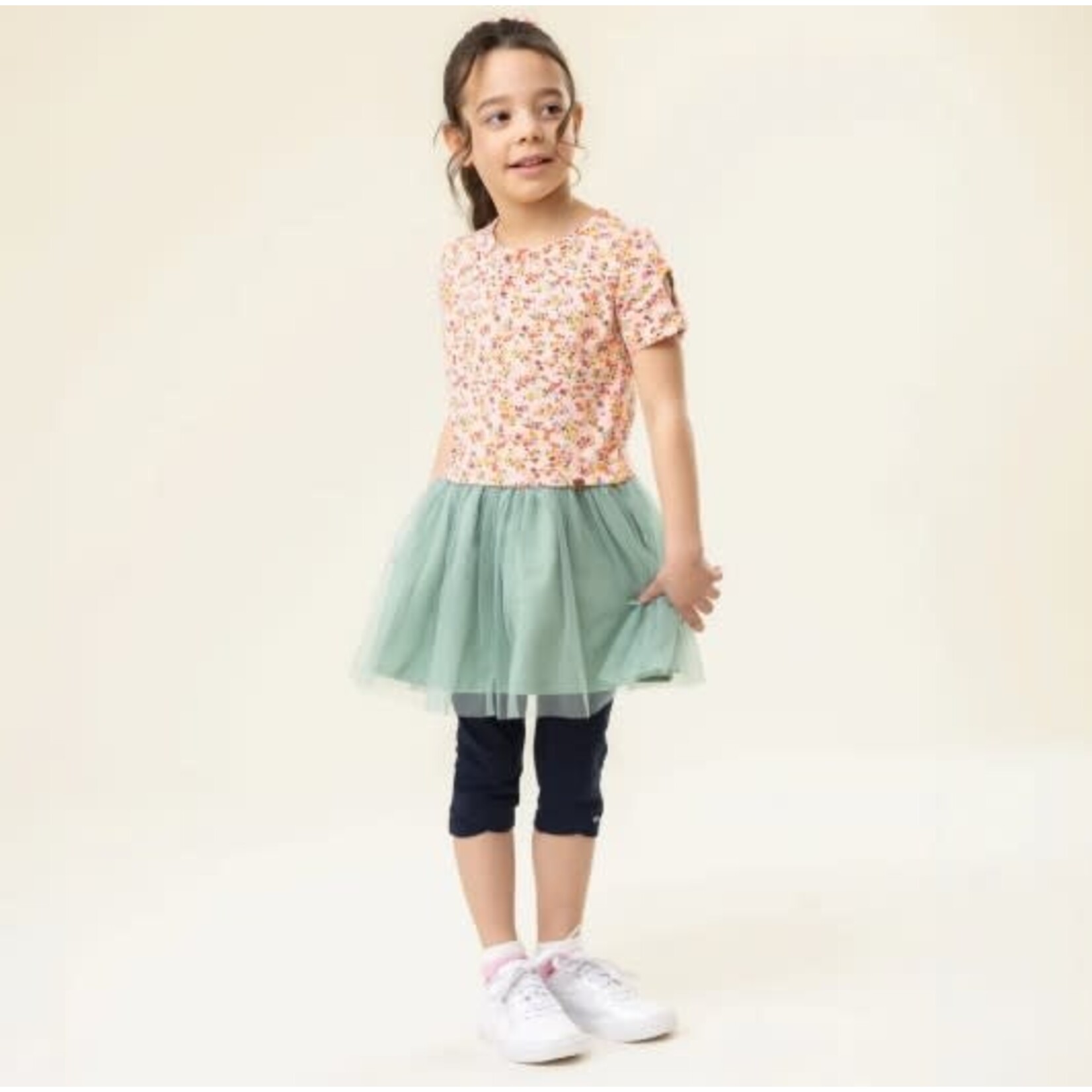 Nanö NANÖ - Shortsleeve dress with flower print top and green tulle skirt 'Douce coccinelle'