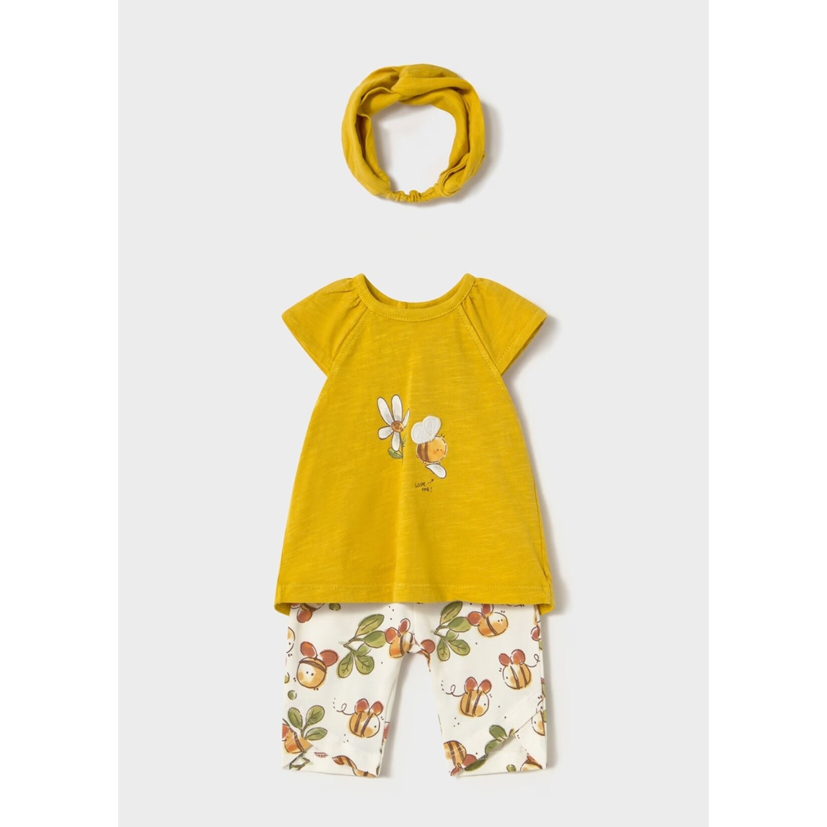 Mayoral MAYORAL - Ensemble 3 morceaux - t-shirt couleur olive et legging blanc à motif de fleurs et abeilles avec bandeau olive