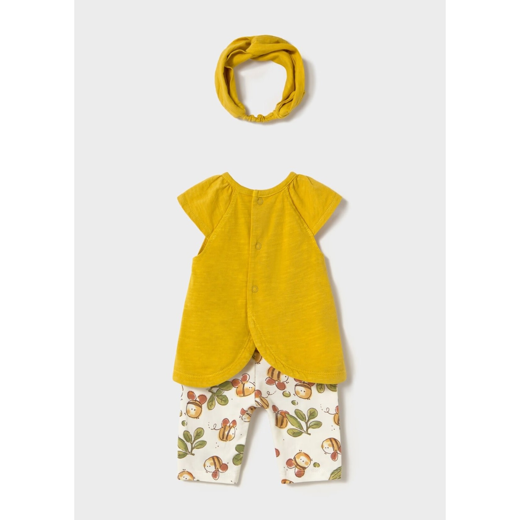 Mayoral MAYORAL - Ensemble 3 morceaux - t-shirt couleur olive et legging blanc à motif de fleurs et abeilles avec bandeau olive
