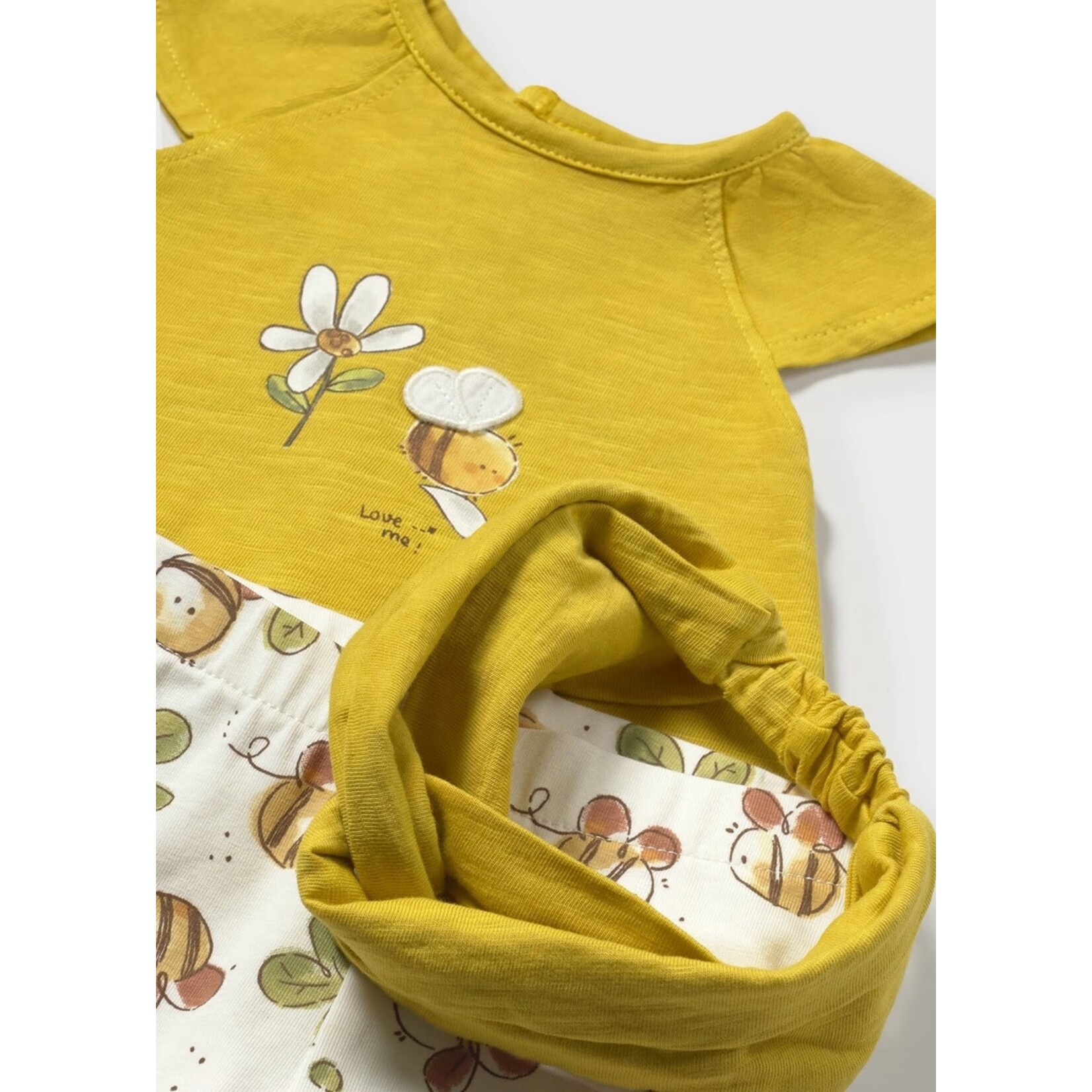 Mayoral MAYORAL - 3-piece set - olive-colored t-shirt and white leggings with flower and bee pattern with an olive headband