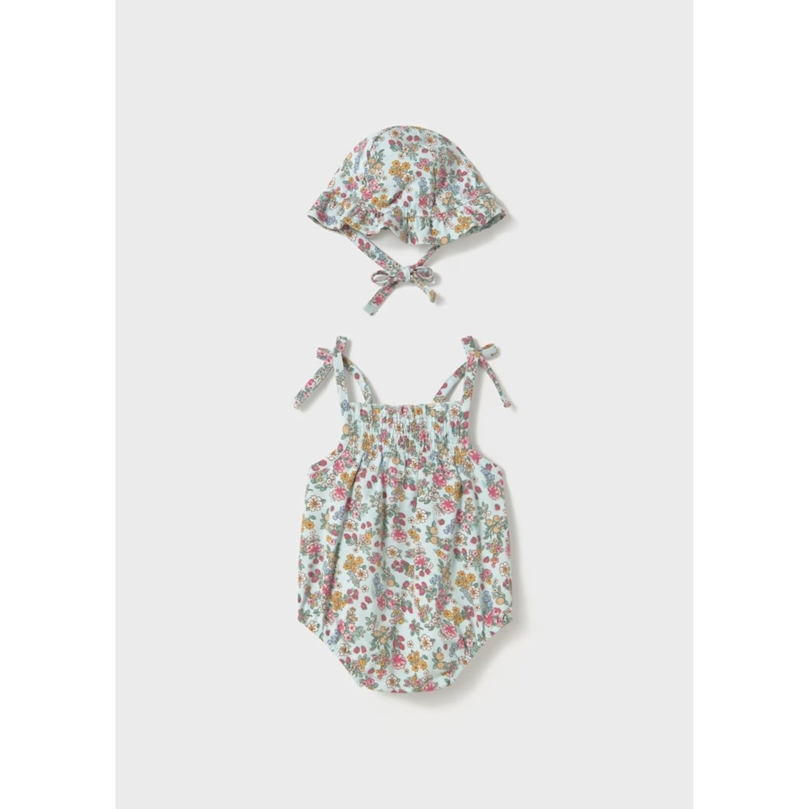 Mayoral MAYORAL - Barboteuse et chapeau avec motif de fleurs - Bleu et Rose