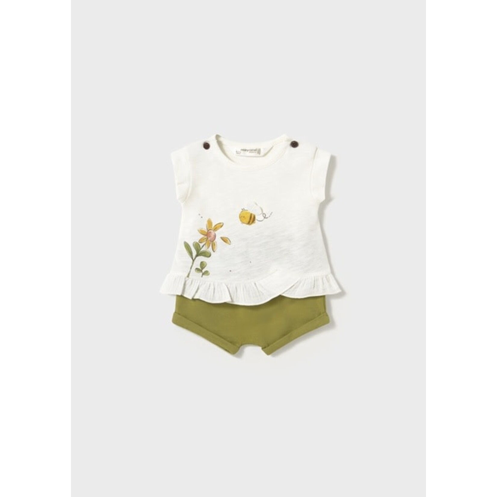 Mayoral MAYORAL - Ensemble 2 morceaux - T-shirt blanc avec imprimé de fleurs et d'abeilles avec un short vert