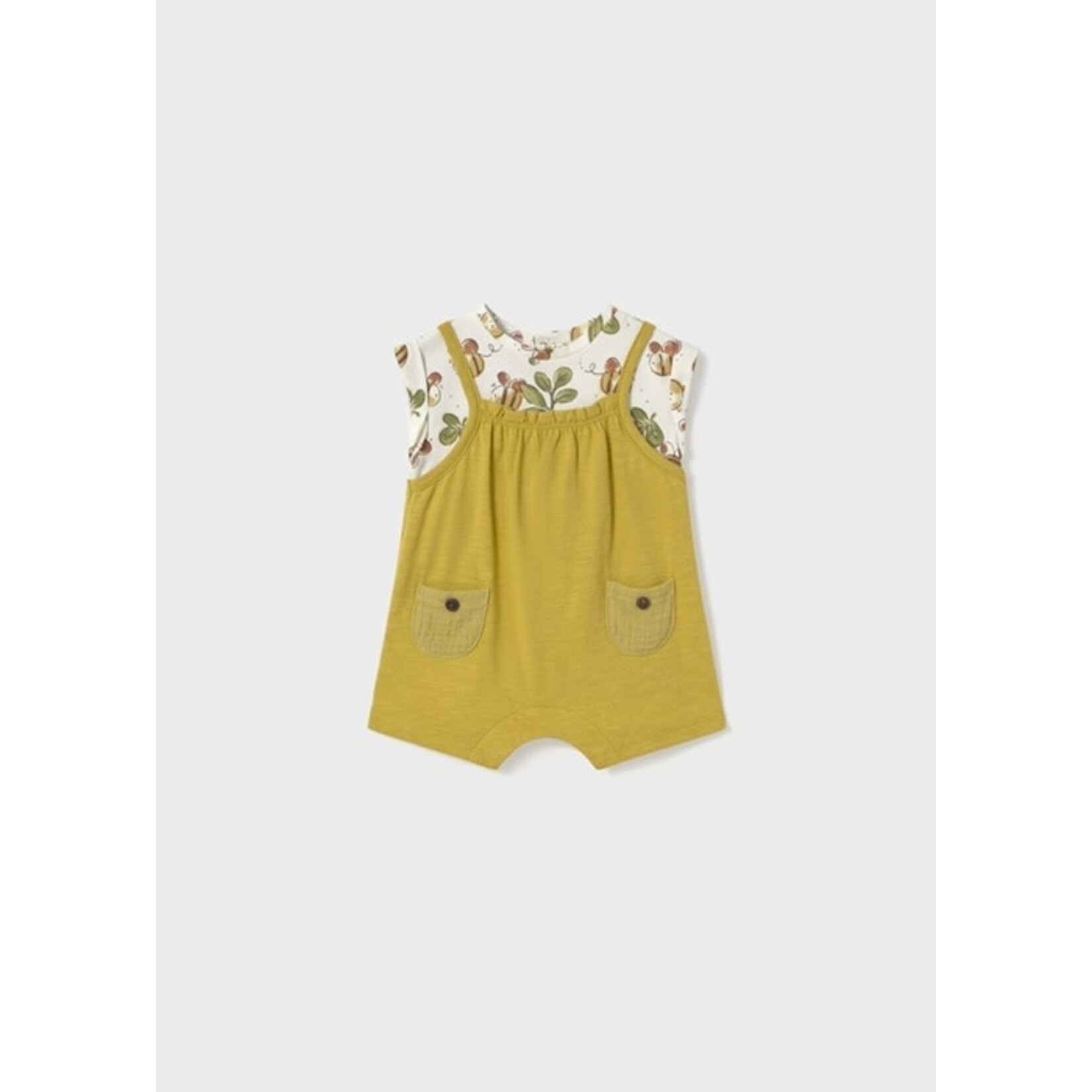 Mayoral MAYORAL - White and olive faux overalls effect romper with flower and bee print