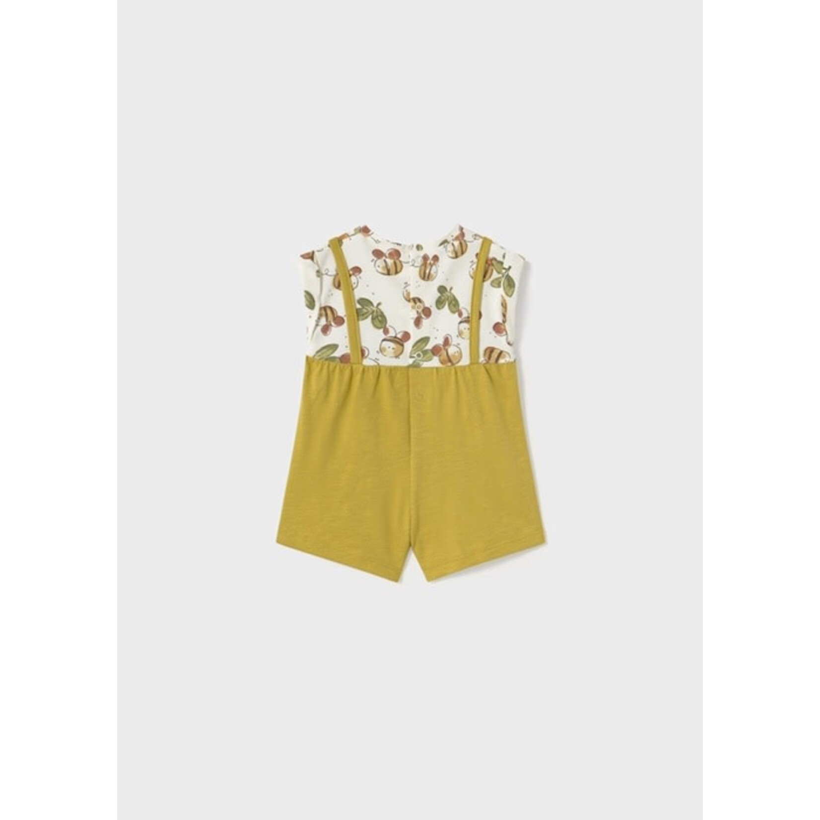 Mayoral MAYORAL - White and olive faux overalls effect romper with flower and bee print