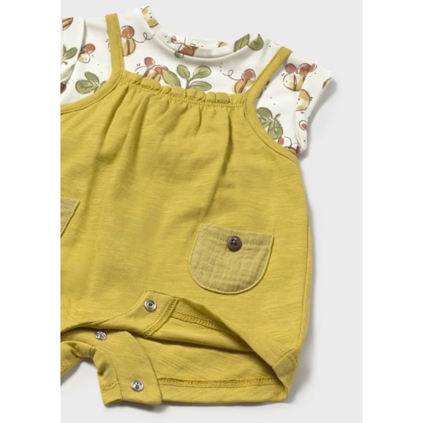 Mayoral MAYORAL - White and olive faux overalls effect romper with flower and bee print