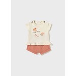 Mayoral MAYORAL - Two-Piece Set with Beige and Flower Print T-Shirt and Coral Shorts