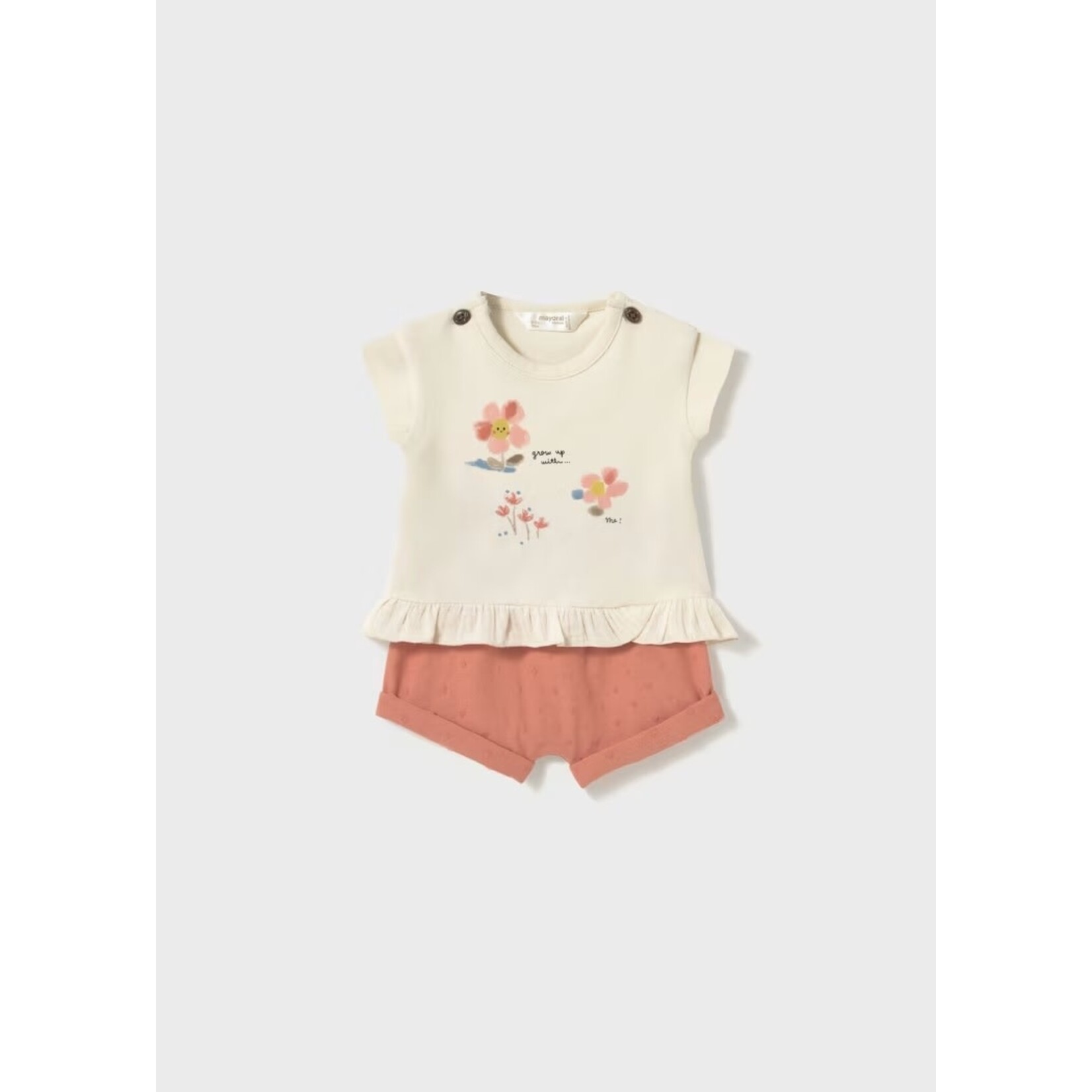 Mayoral MAYORAL - Ensemble  2 pièces avec t-shirt beige à dessin de fleur et short corail