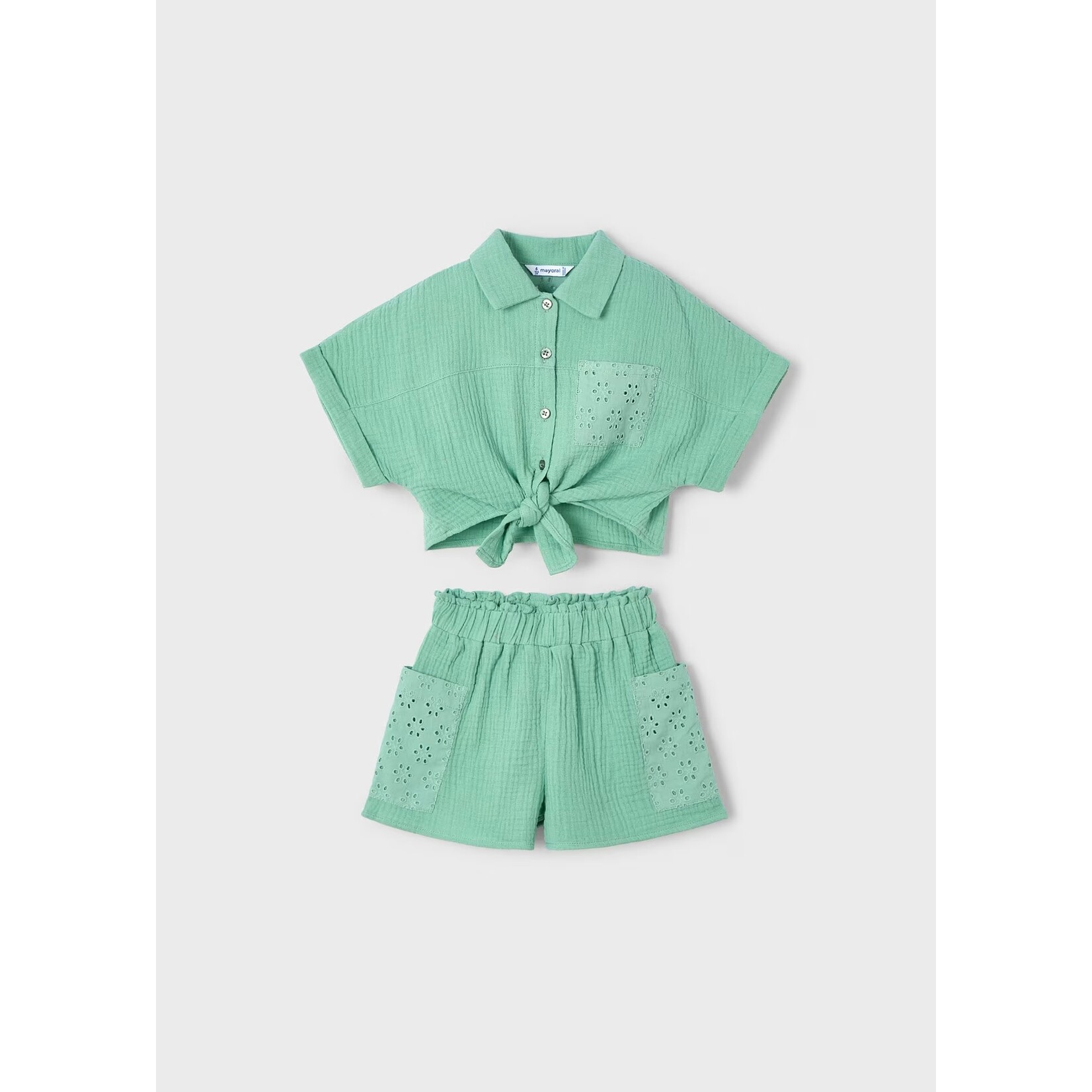 Mayoral MAYORAL - Ensemble short et blouse couleur menthe avec broderie fleurs