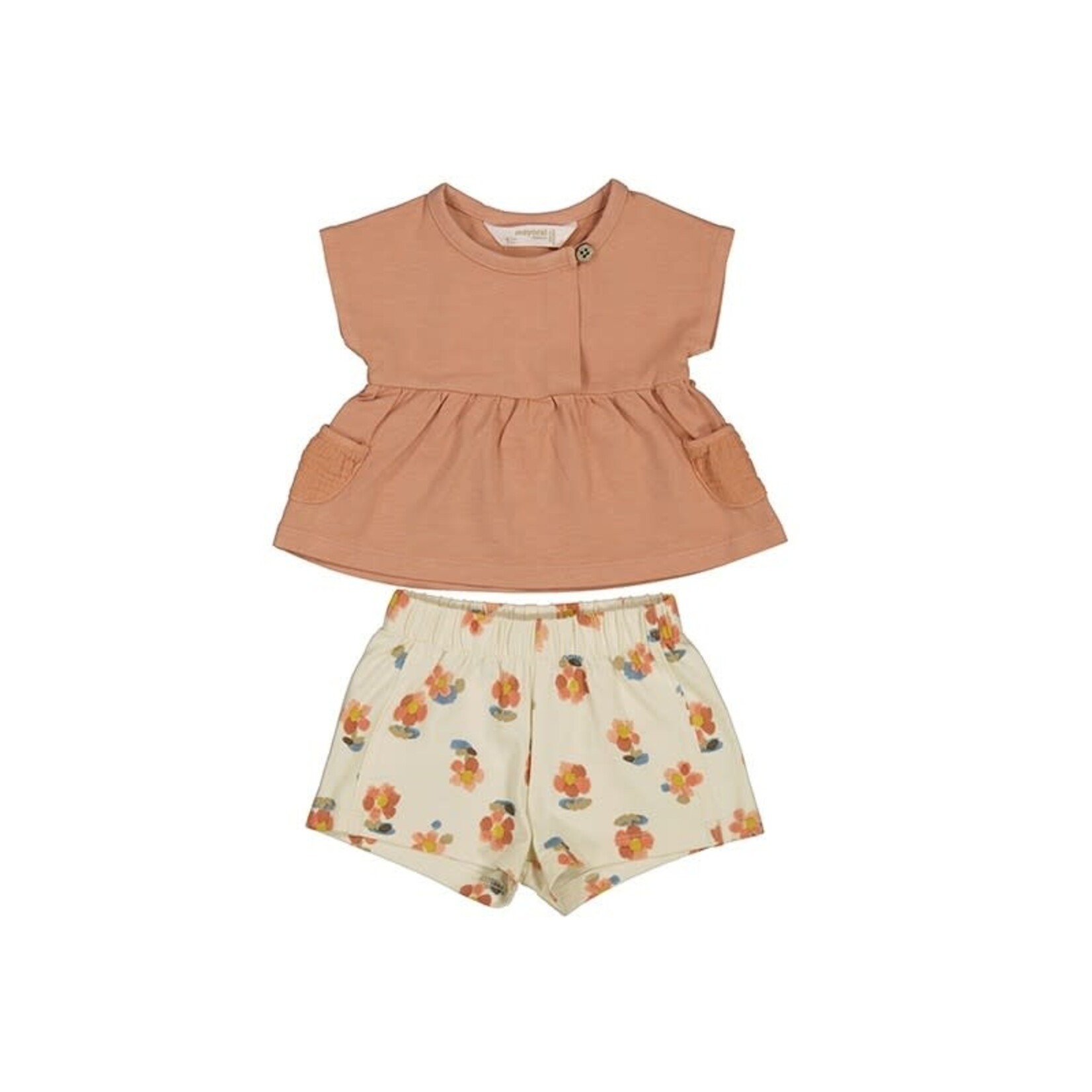 Mayoral MAYORAL - Ensemble  2 pièces avec t-shirt corail et short beige à motif de fleurs