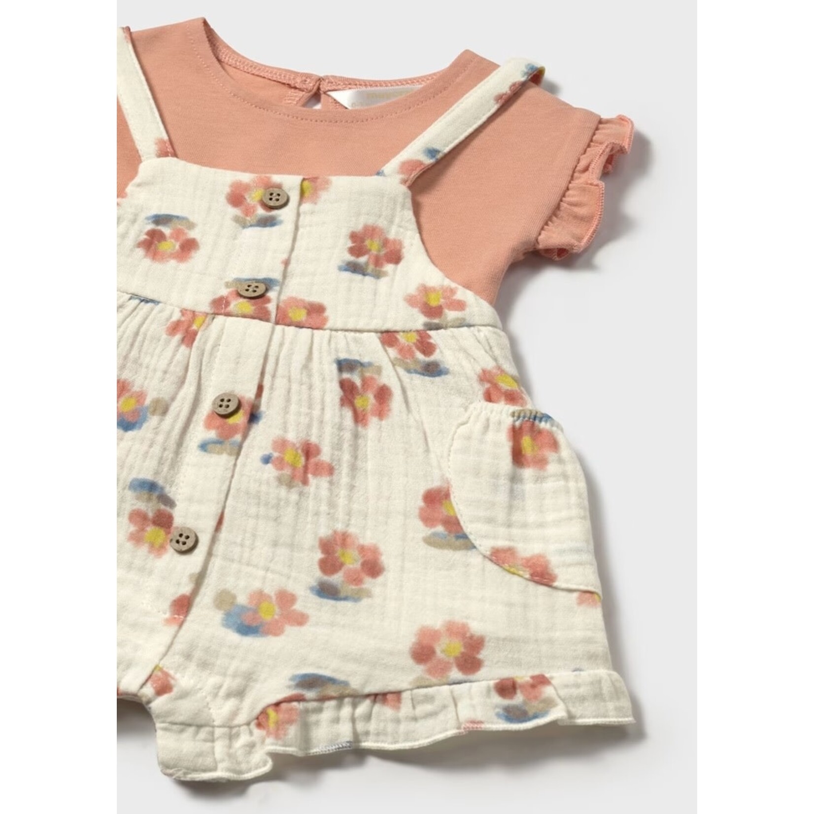 Mayoral  MAYORAL - Two-piece set - Coral short-sleeved t-shirt and floral pattern overalls