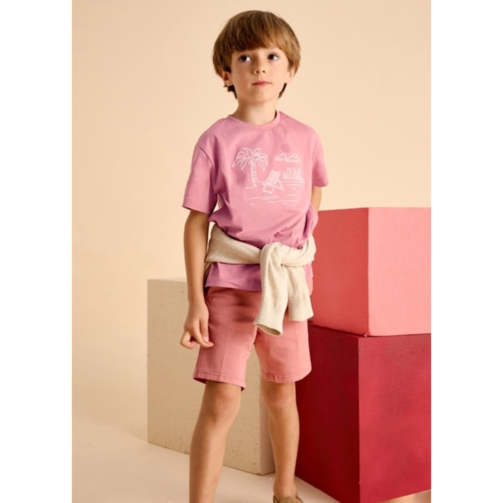 Mayoral MAYORAL - Guava-colored short-sleeved T-shirt with embroidered tropical landscape