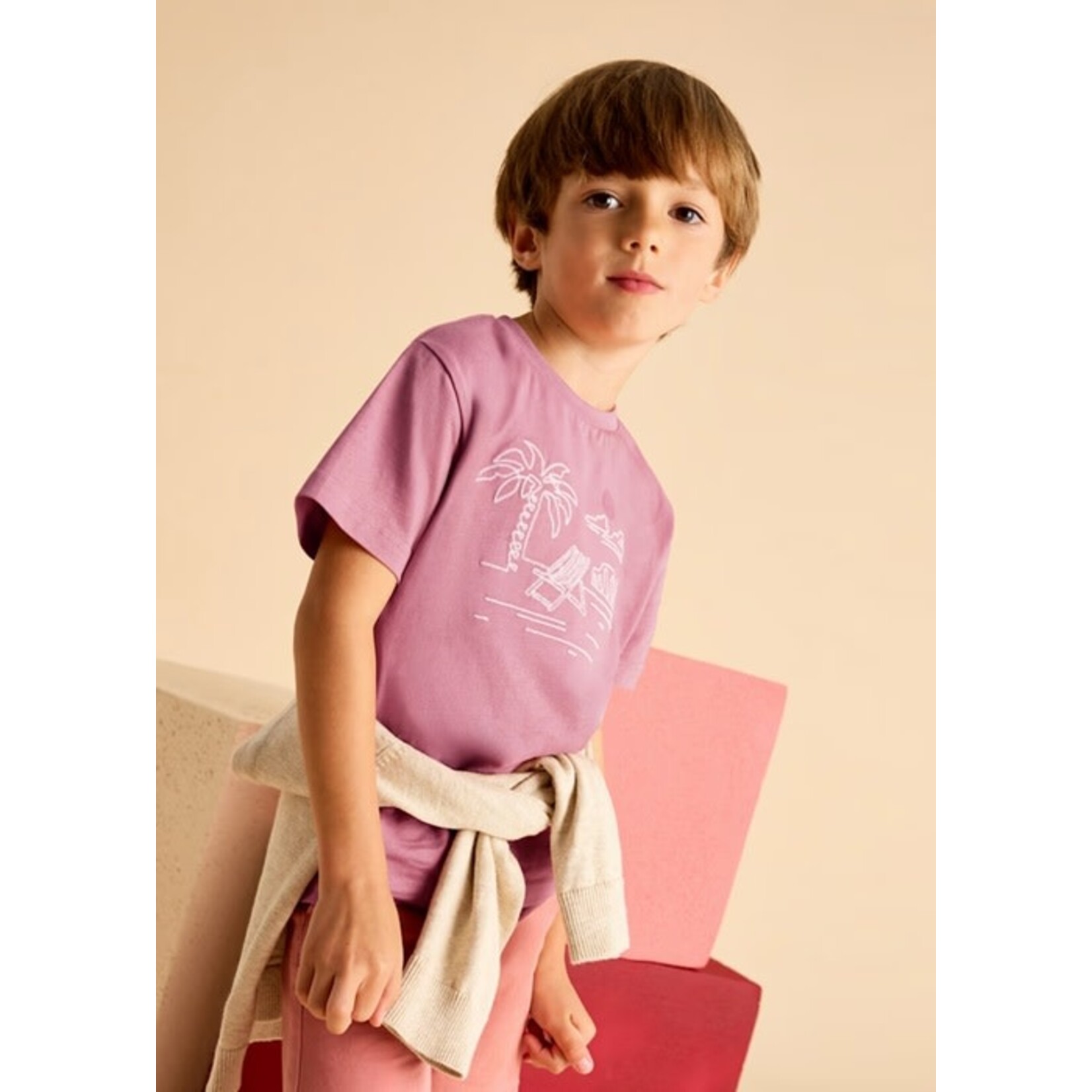 Mayoral MAYORAL - Guava-colored short-sleeved T-shirt with embroidered tropical landscape