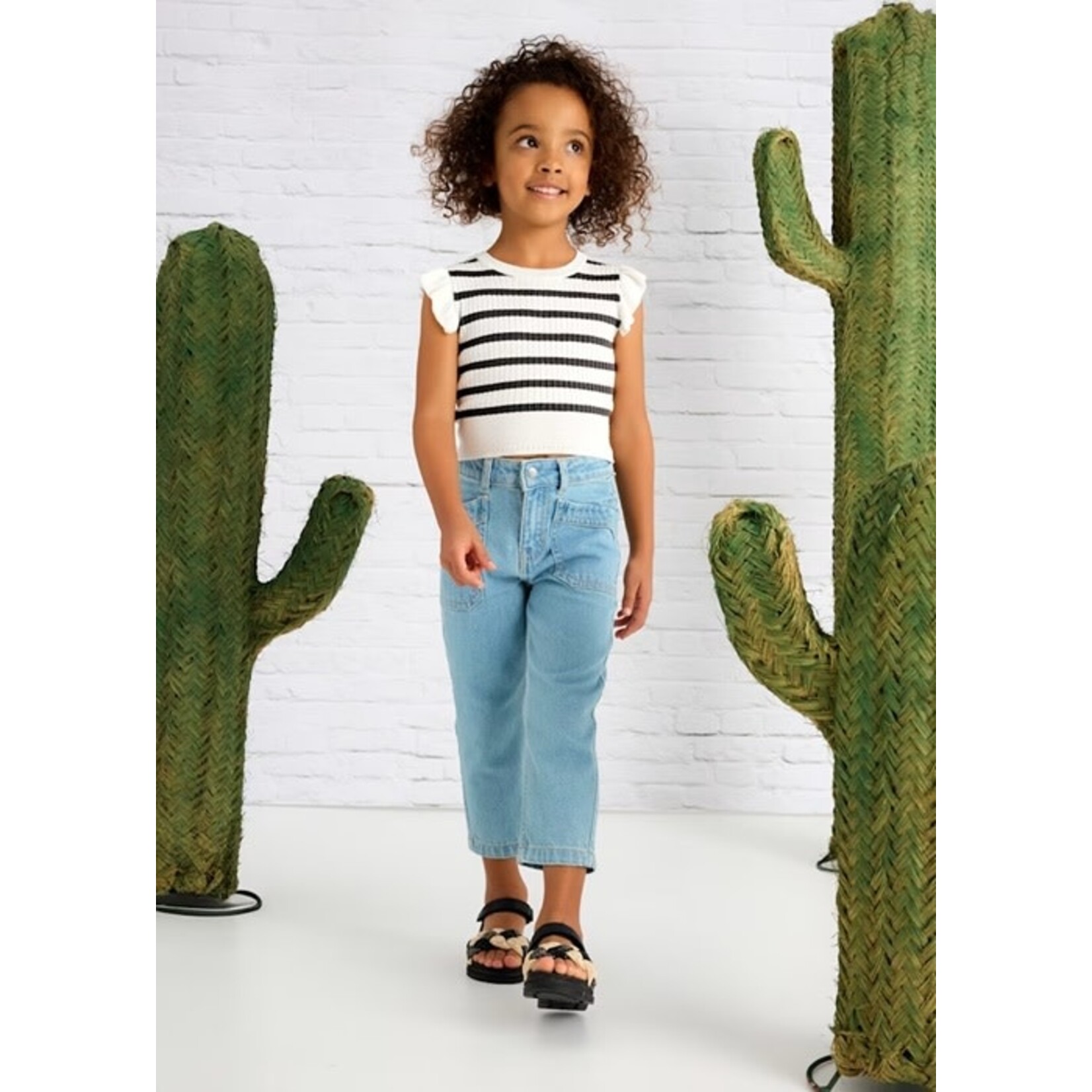 Mayoral MAYORAL - Ribbed T-shirt with ruffled sleeves and white and charcoal stripes
