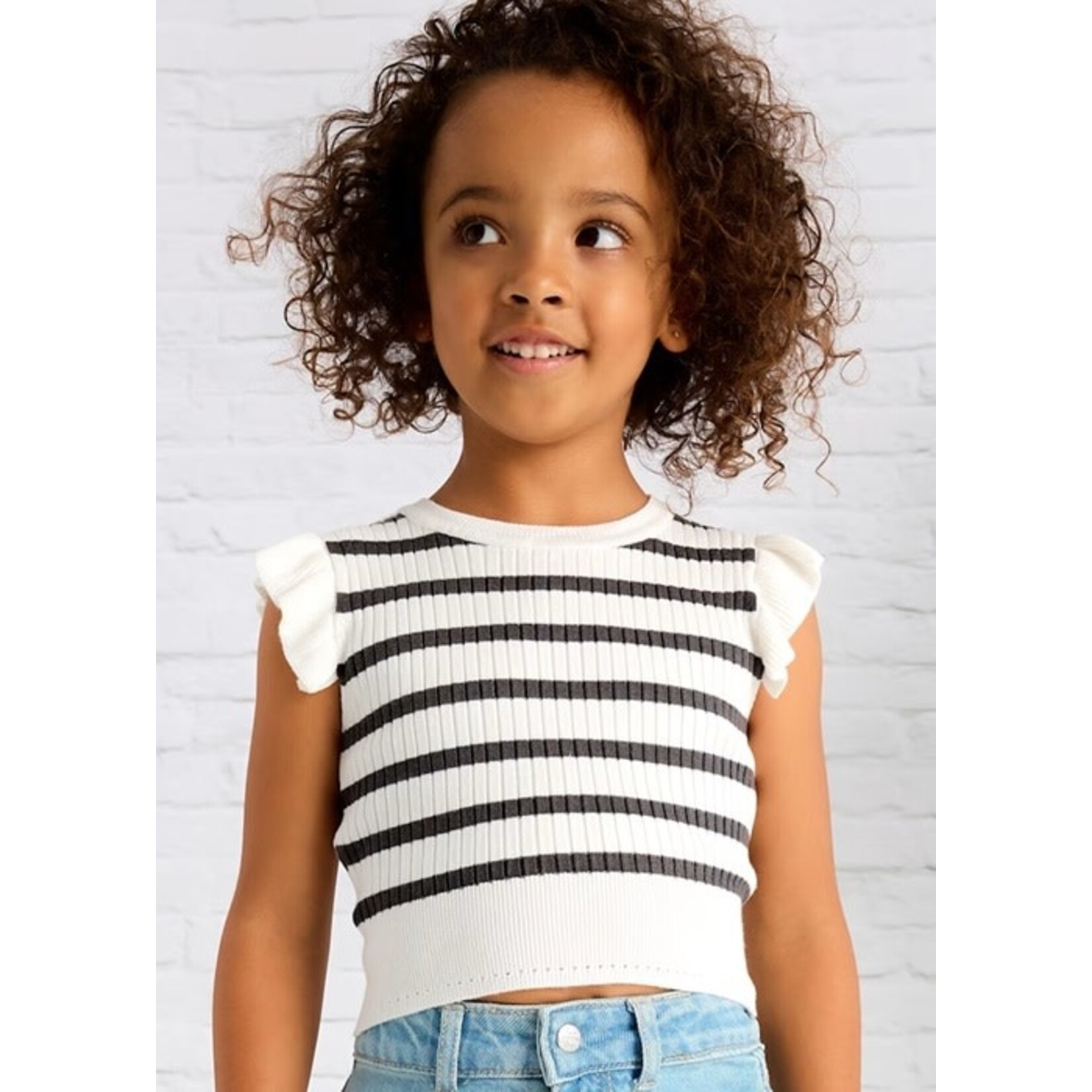 Mayoral MAYORAL - Ribbed T-shirt with ruffled sleeves and white and charcoal stripes