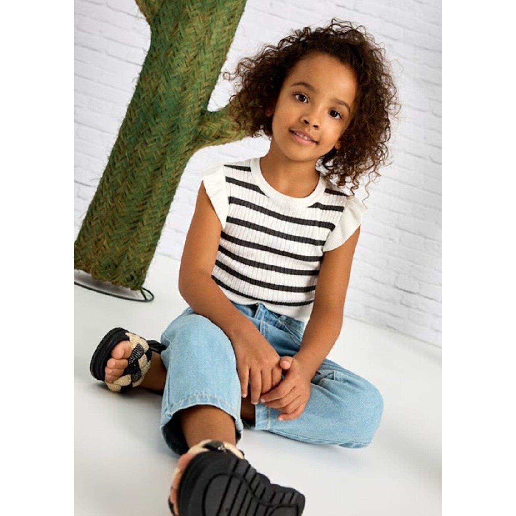 Mayoral MAYORAL - Ribbed T-shirt with ruffled sleeves and white and charcoal stripes