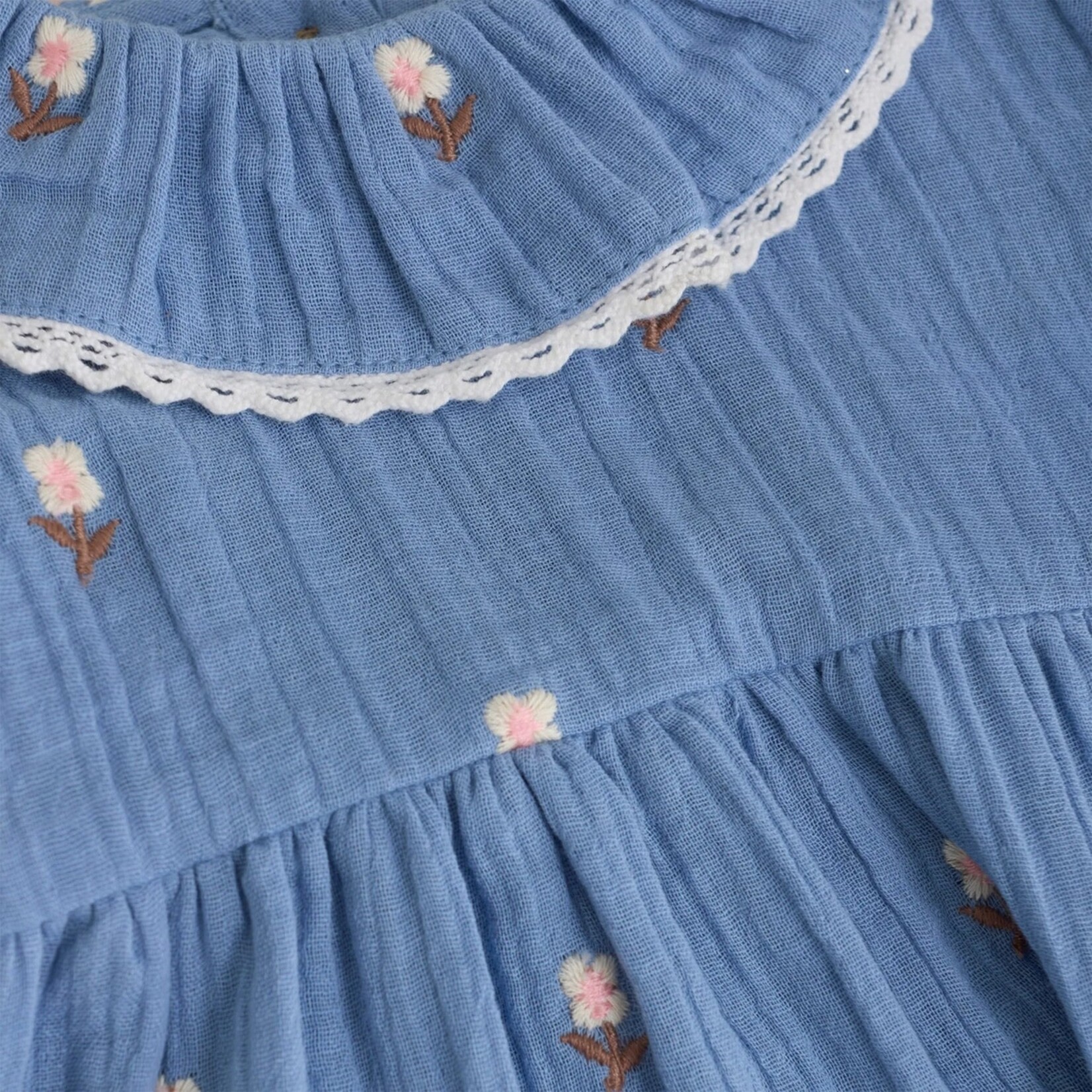Enfant ENFANT - Robe souple en mousseline bleu avec broderies de fleurs blanches