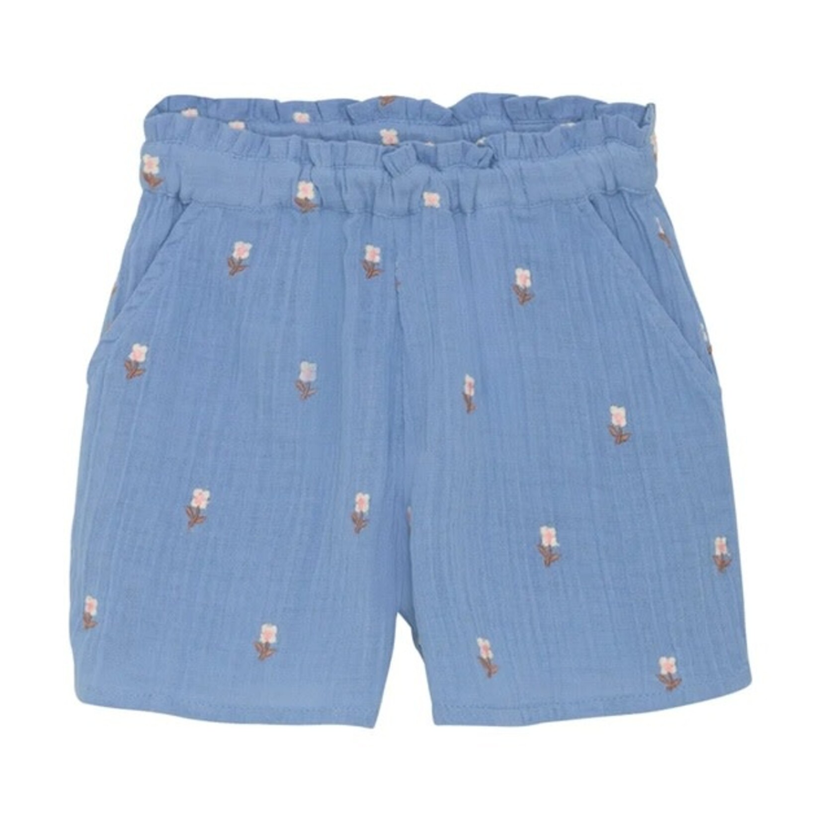 Enfant ENFANT - Short en mousseline bleu  avec broderies de fleurs blanches