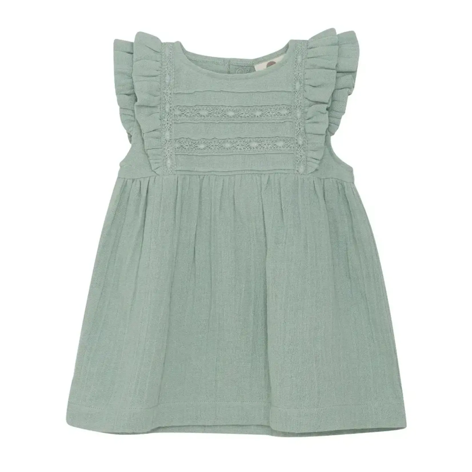 Enfant ENFANT - Soft muslin dress in green with embroidery on the front and flutter sleeves