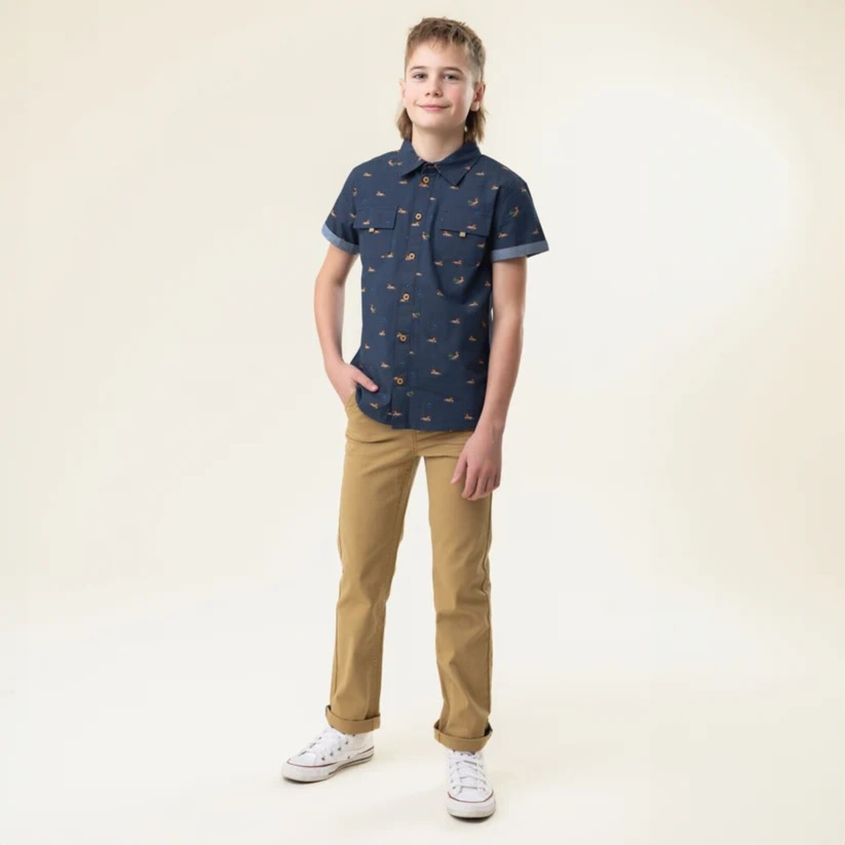 Nanö NANÖ - Navy blue short sleeve shirt with duck print 'Destination plein air'