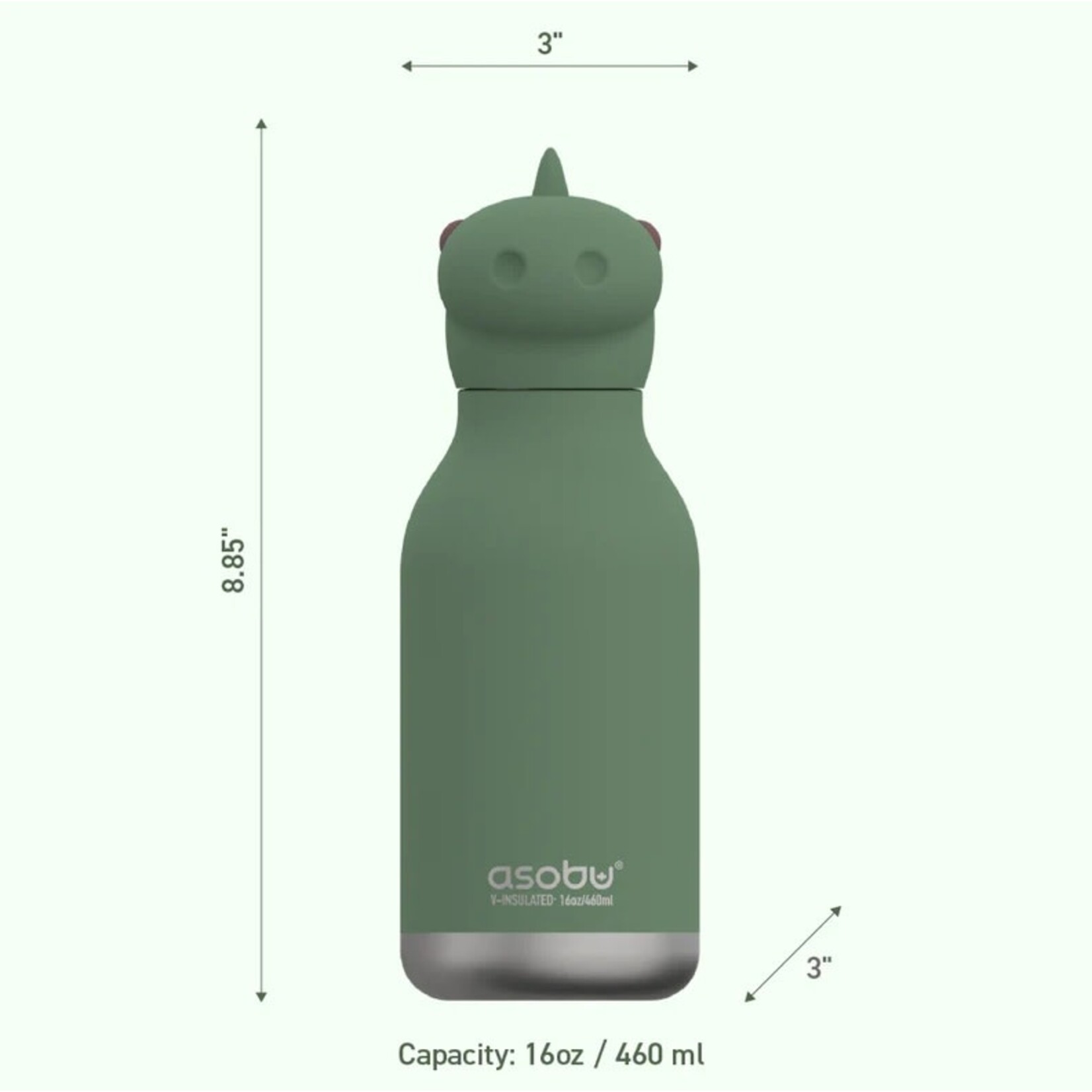 ASOBU ASOBU - Bouteille Bestie  isolée sous vide en acier inoxydable avec paille en silicone et couvercle étanche 16 onces - Dinosaure