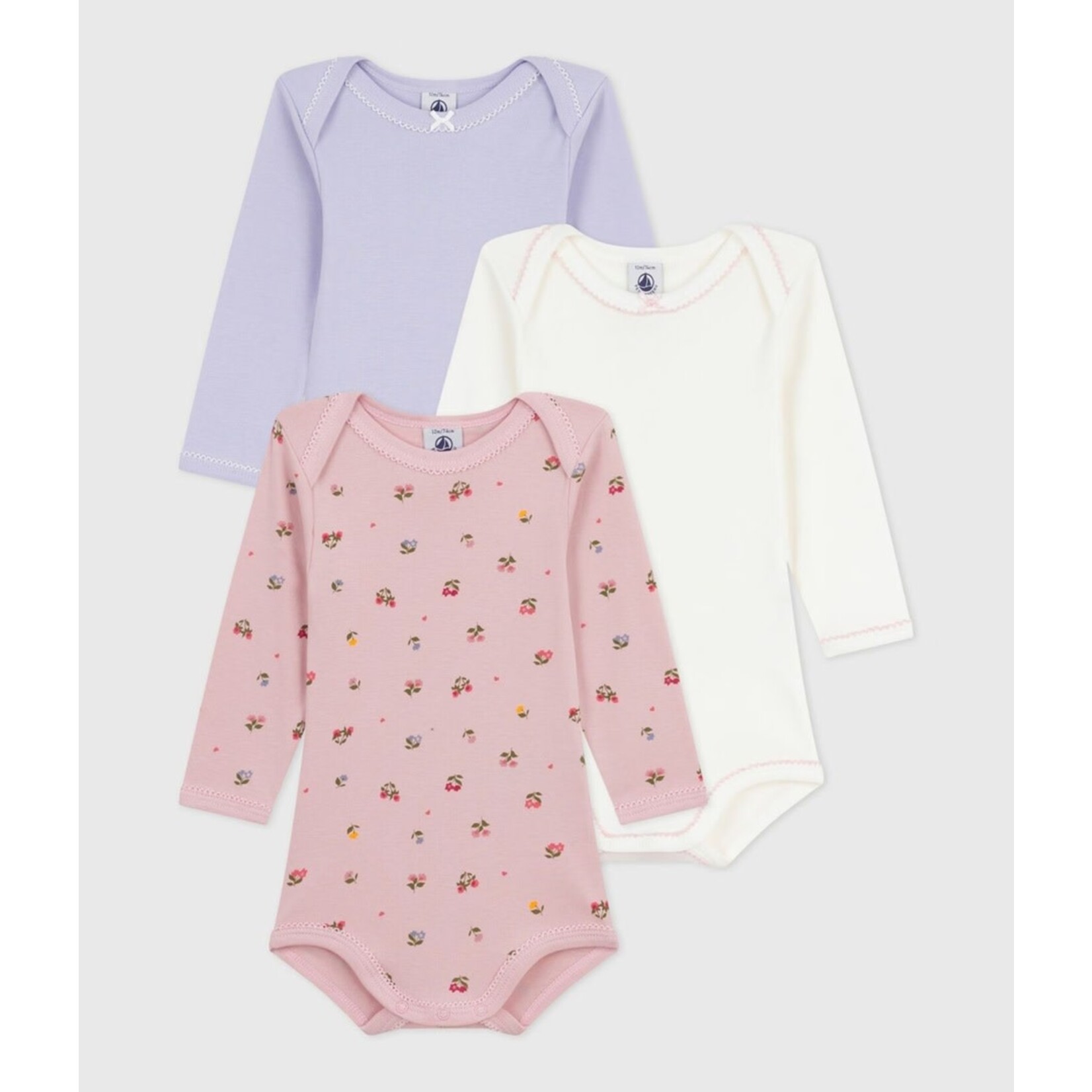 Petit Bateau PETIT BATEAU - Set of 3 Round Neck Long-sleeved Bodysuits 'Pink with flower pattern/Plain purple/Plain white'
