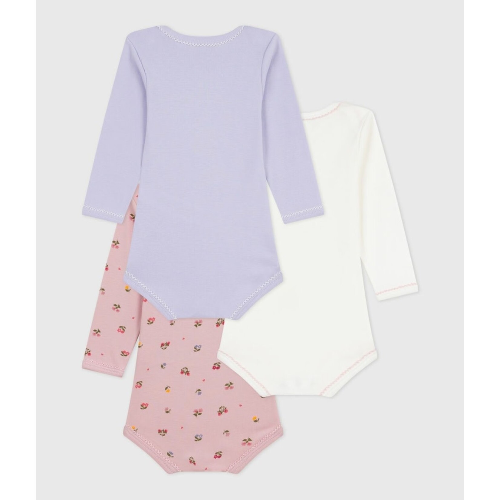 Petit Bateau PETIT BATEAU - Set of 3 Round Neck Long-sleeved Bodysuits 'Pink with flower pattern/Plain purple/Plain white'