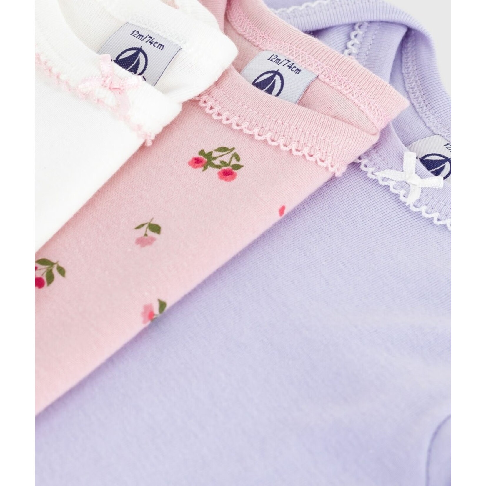 Petit Bateau PETIT BATEAU - Set of 3 Round Neck Long-sleeved Bodysuits 'Pink with flower pattern/Plain purple/Plain white'