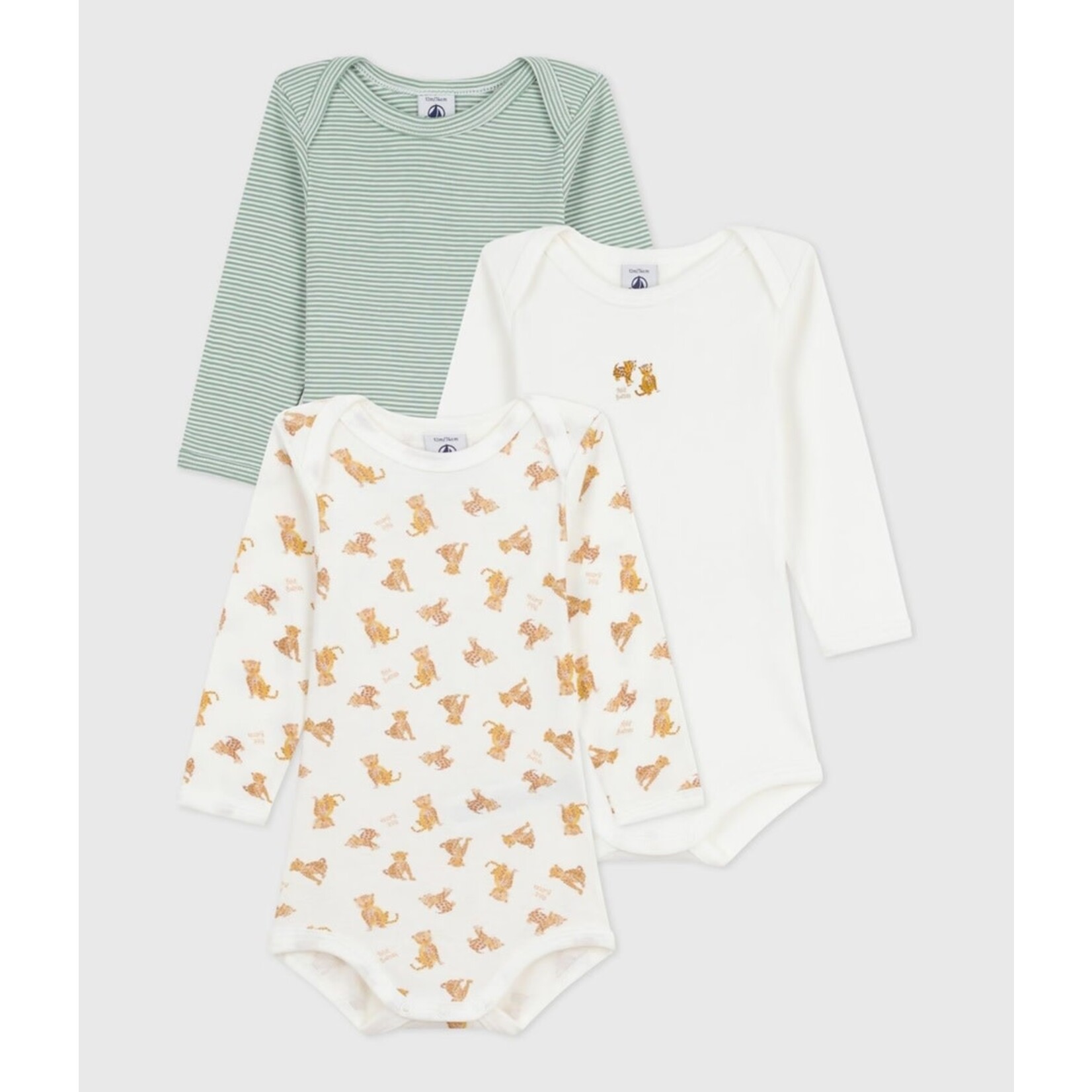 Petit Bateau PETIT BATEAU - Set of 3 Round Neck Long-sleeved Bodysuits 'Green and white lined/white with several cheetahs/white with two cheetah cubs'