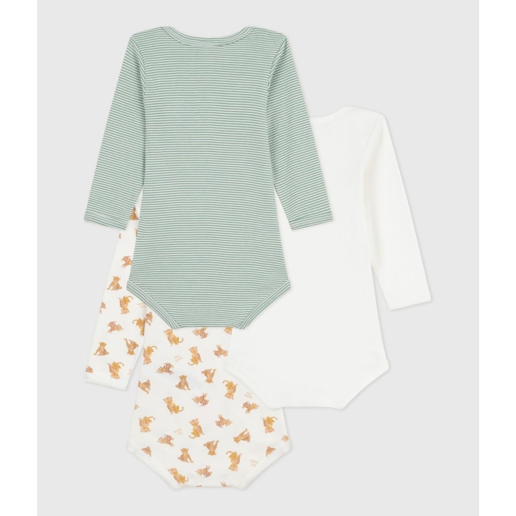 Petit Bateau PETIT BATEAU - Set of 3 Round Neck Long-sleeved Bodysuits 'Green and white lined/white with several cheetahs/white with two cheetah cubs'
