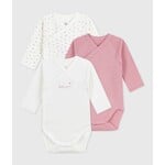 Petit Bateau PETIT BATEAU - Lot de 3 cache-couches manches longues à col cache-coeur 'blanc avec petits coeurs colorés/blanc avec 'petit coeur'/Uni rose'