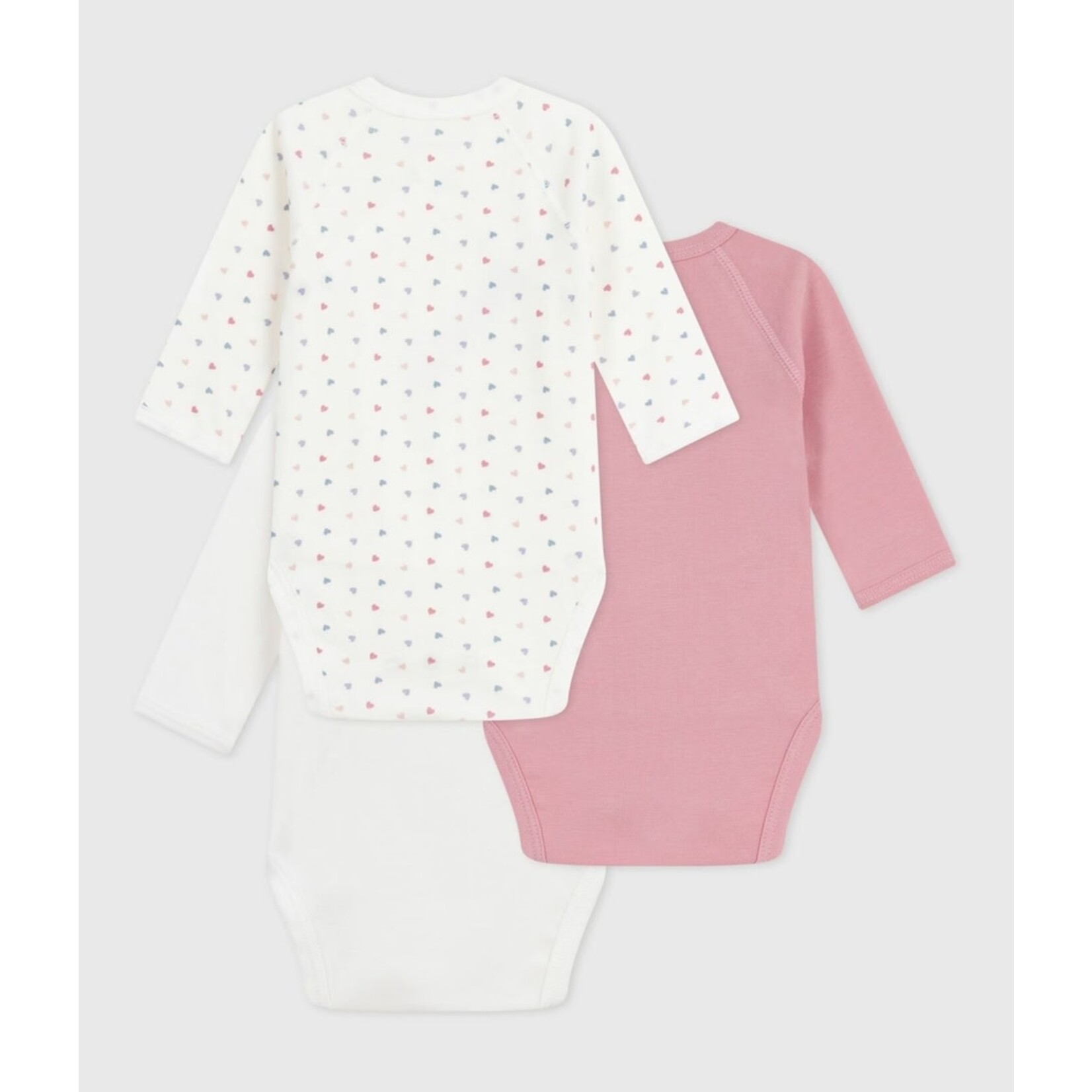Petit Bateau PETIT BATEAU - Lot de 3 cache-couches manches longues à col cache-coeur 'blanc avec petits coeurs colorés/blanc avec 'petit coeur'/Uni rose'