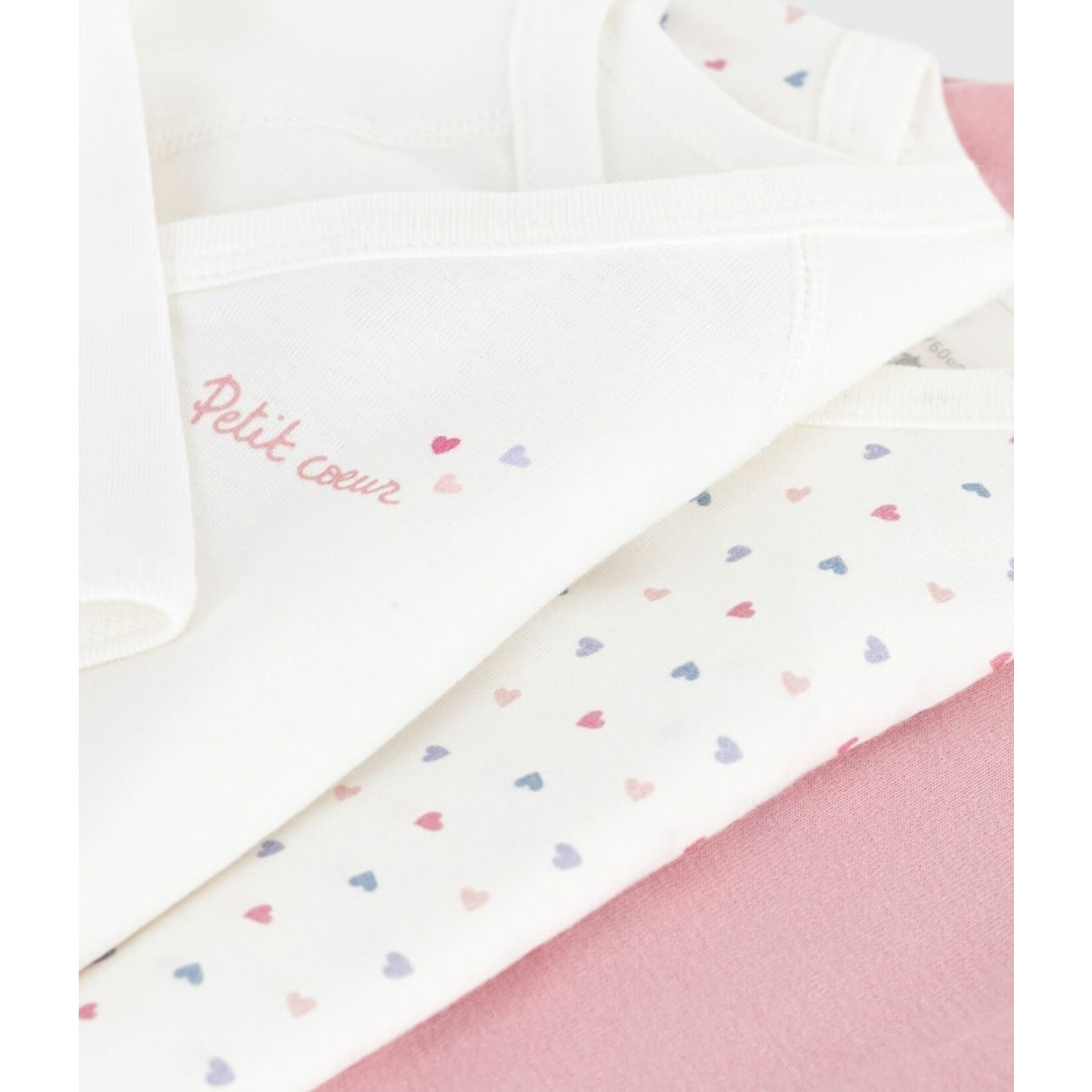 Petit Bateau PETIT BATEAU - Lot de 3 cache-couches manches longues à col cache-coeur 'blanc avec petits coeurs colorés/blanc avec 'petit coeur'/Uni rose'
