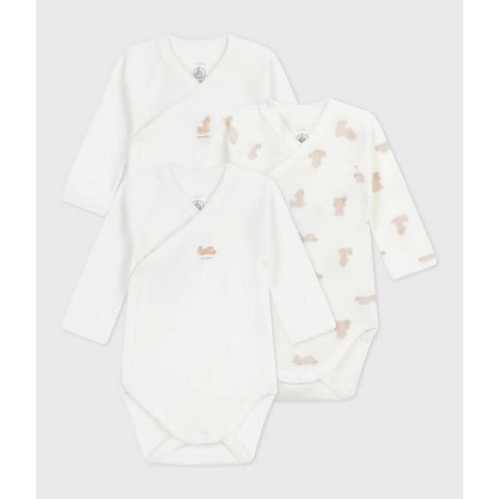 Petit Bateau PETIT BATEAU - Lot de 3 cache-couches manches longues à col cache-coeur 'blanc avec petits oursons'