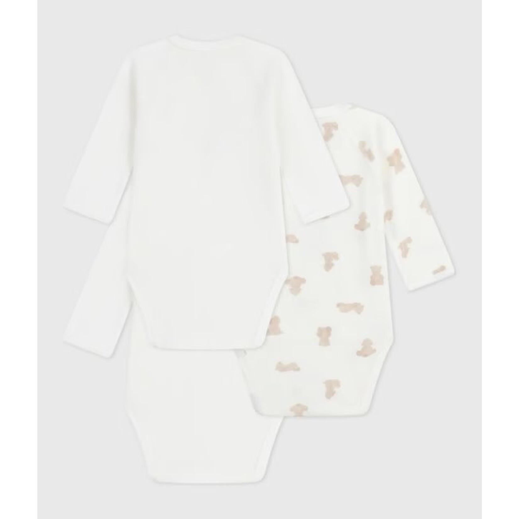 Petit Bateau PETIT BATEAU - Pack of 3 Long-Sleeved Bodysuits with Wrap-Over Collar 'White with Little Bears'