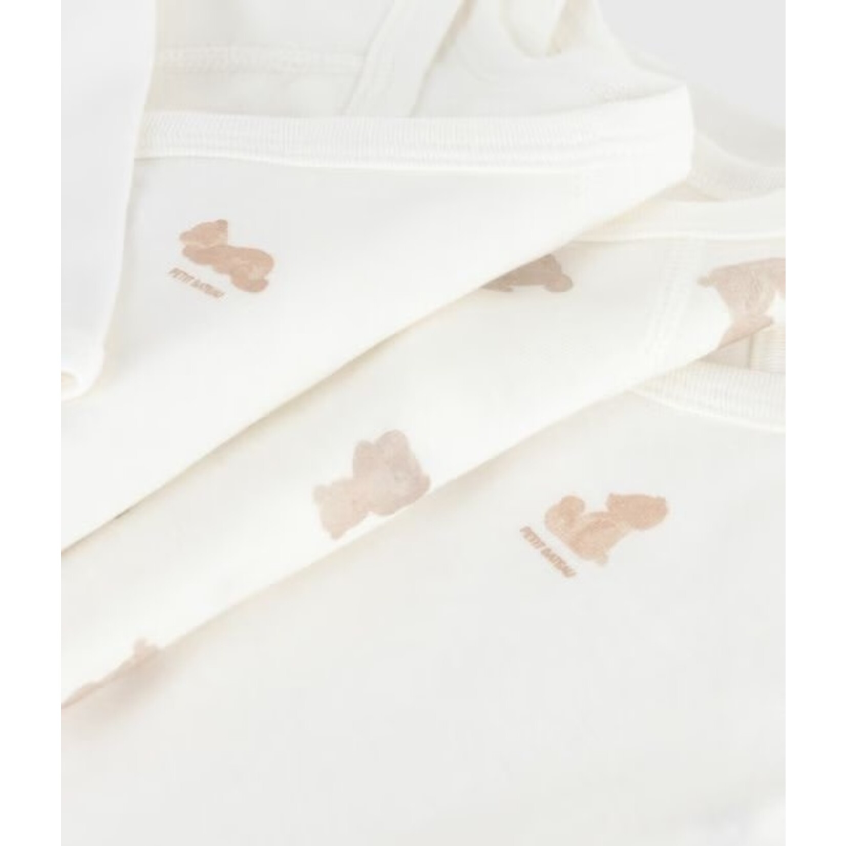 Petit Bateau PETIT BATEAU - Pack of 3 Long-Sleeved Bodysuits with Wrap-Over Collar 'White with Little Bears'