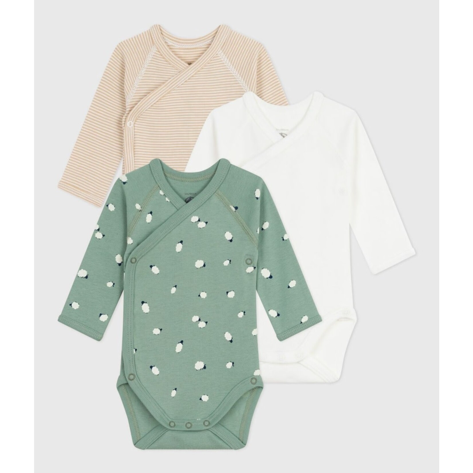 Petit Bateau PETIT BATEAU - Lot de 3 cache-couches manches longues à col cache-coeur 'Uni blanc/Ligné beige et blanc/Vert avec moutons'