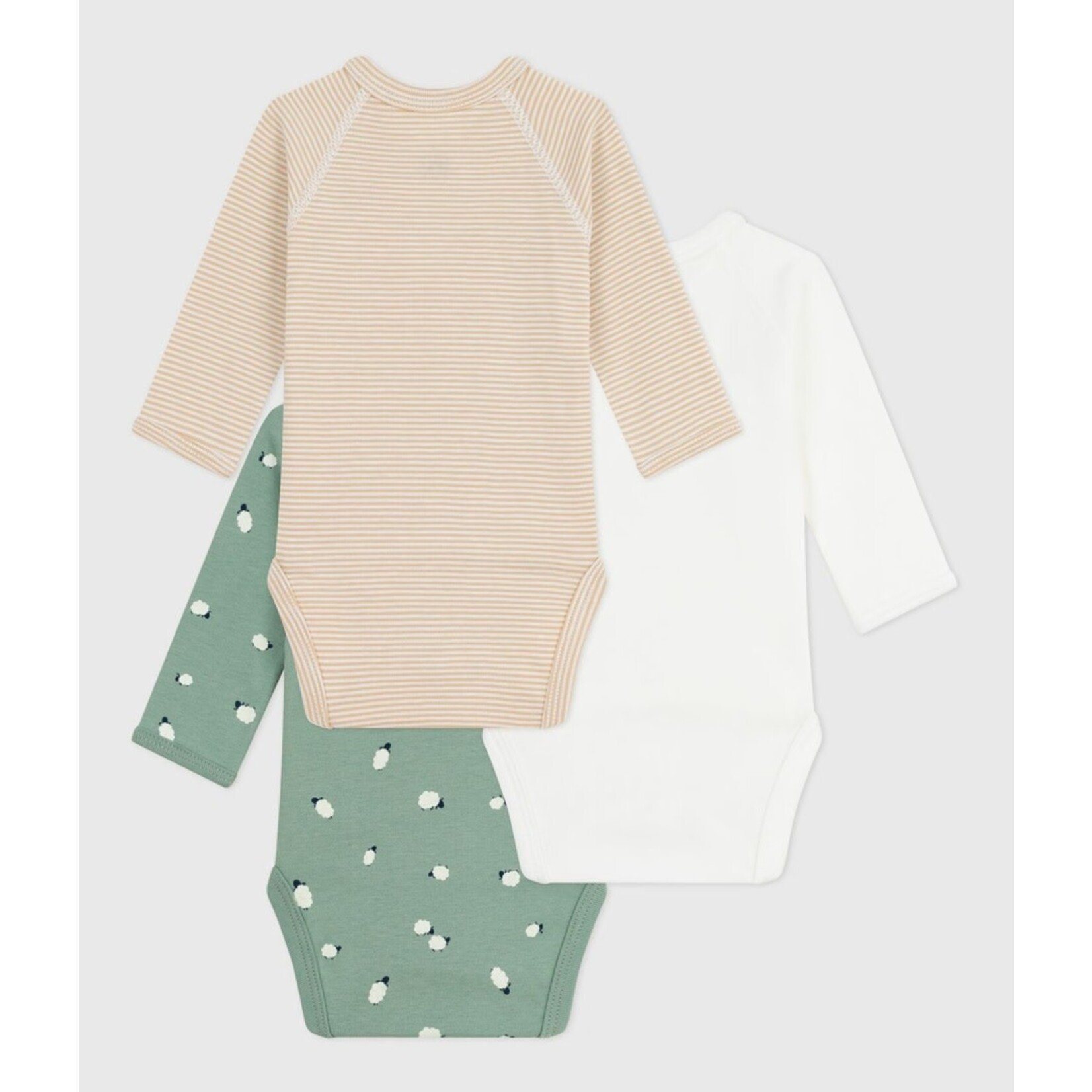Petit Bateau PETIT BATEAU - Lot de 3 cache-couches manches longues à col cache-coeur 'Uni blanc/Ligné beige et blanc/Vert avec moutons'