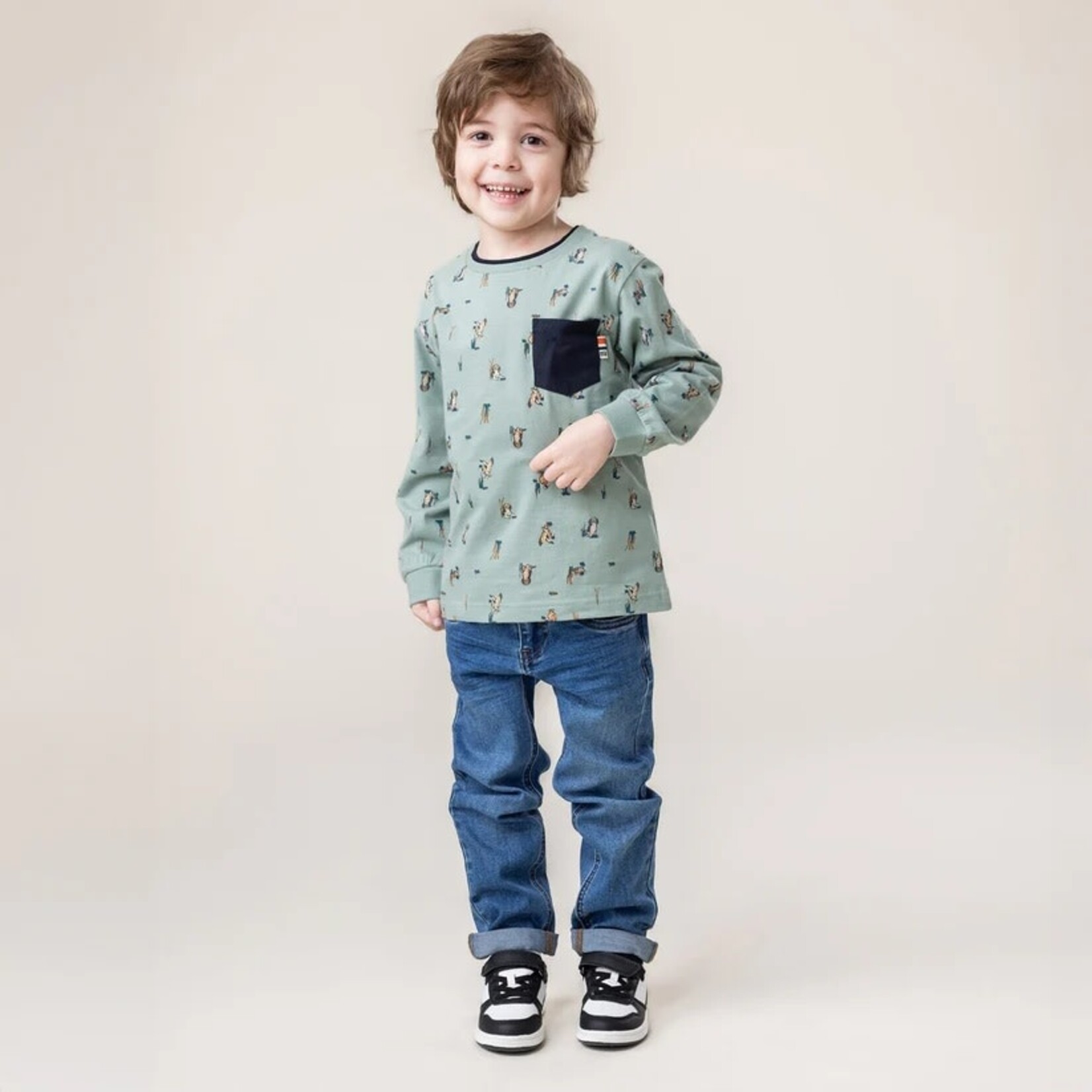 Nanö NANÖ - Green Long Sleeve T-Shirt with Dogs and Ducks 'Campagne Anglaise'