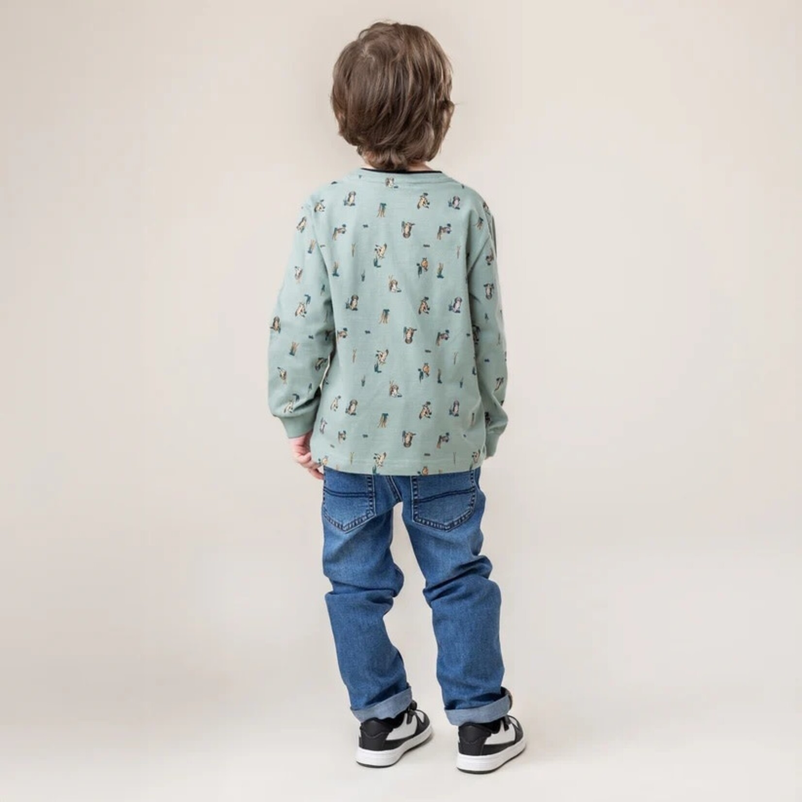 Nanö NANÖ - Green Long Sleeve T-Shirt with Dogs and Ducks 'Campagne Anglaise'