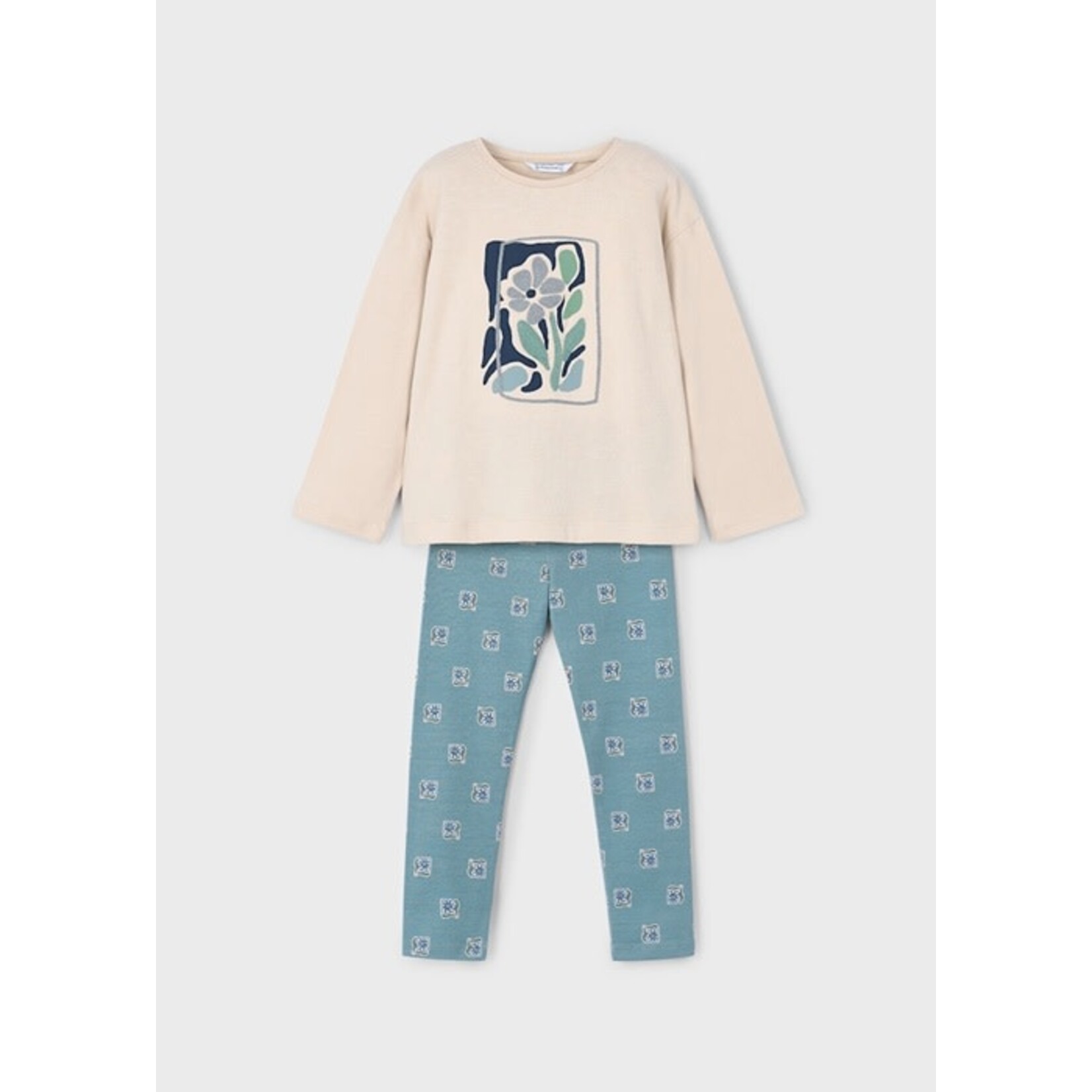 Mayoral MAYORAL - Ensemble 2 pièces - T-shirt beige à manches longues et legging vert-de-gris avec imprimés de fleurs