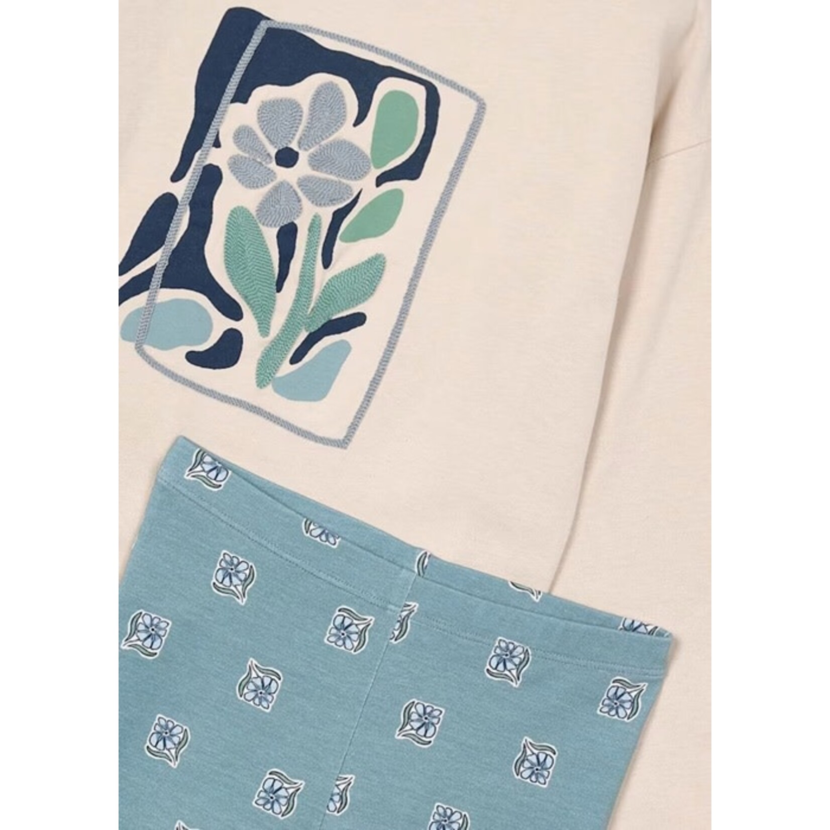 Mayoral MAYORAL - Ensemble 2 pièces - T-shirt beige à manches longues et legging vert-de-gris avec imprimés de fleurs