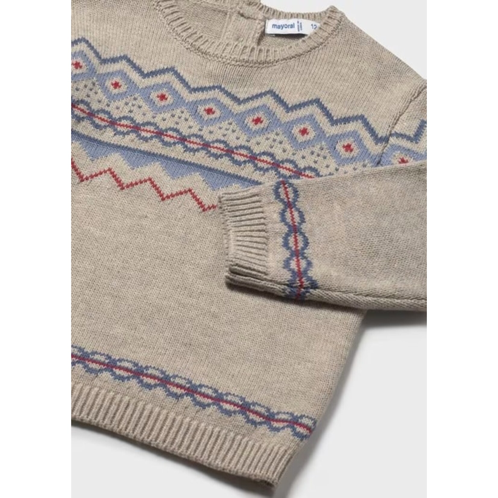 Mayoral MAYORAL - Light caramel knit sweater with blue and red jacquard pattern