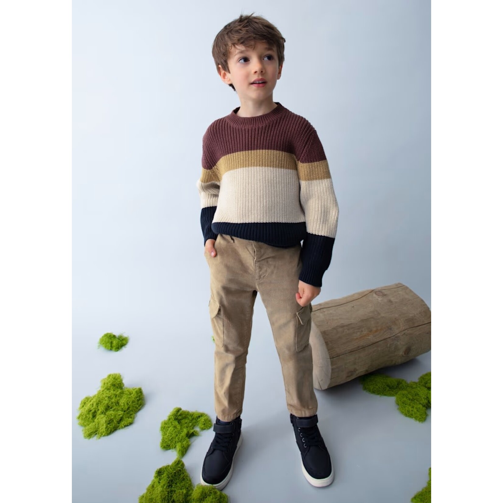 Mayoral MAYORAL - Plum, khaki, beige and black striped long-sleeved knit sweater