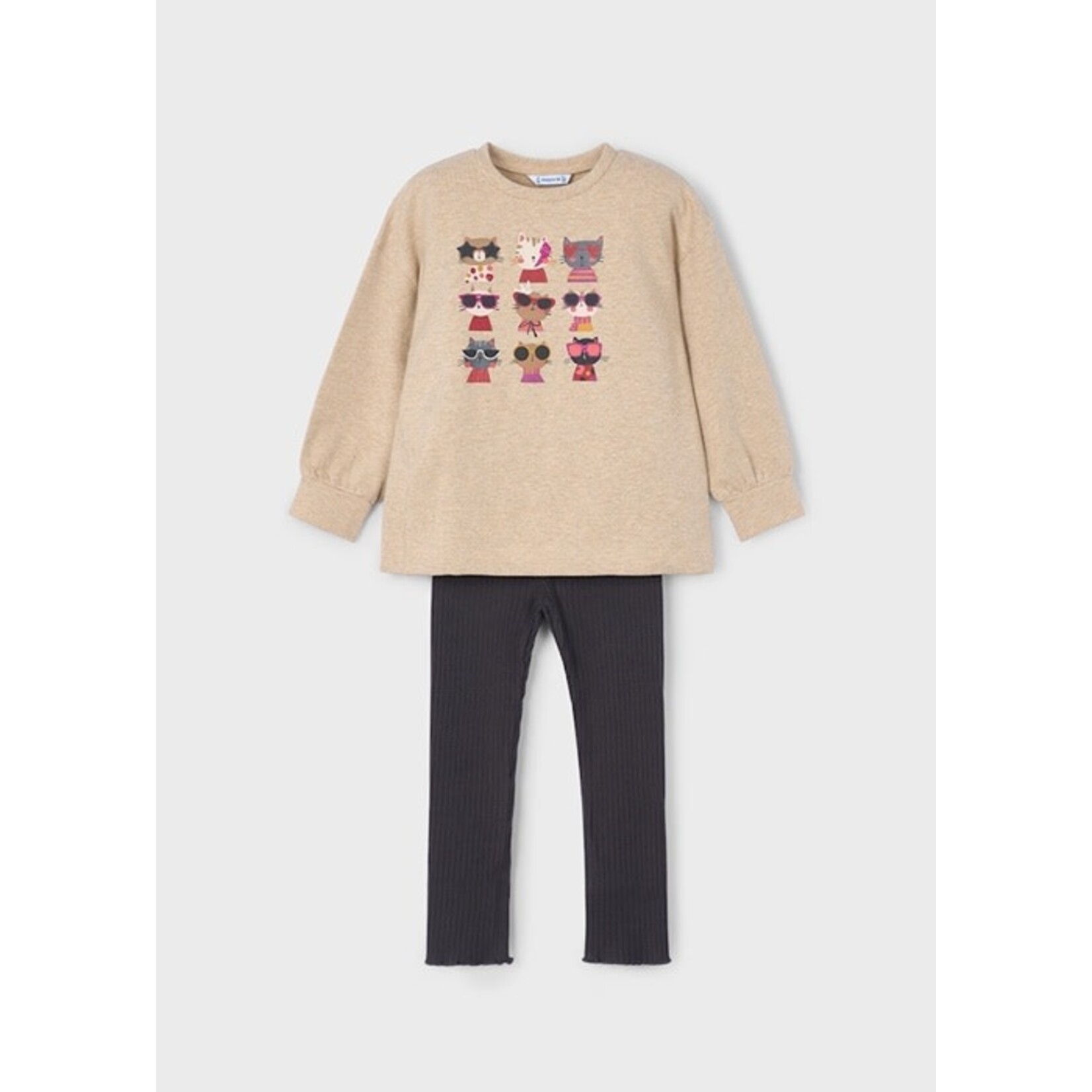 Mayoral MAYORAL - Ensemble 2 pièces - Chandail beige à manches longues avec motif de chats et legging gris foncé côtelé