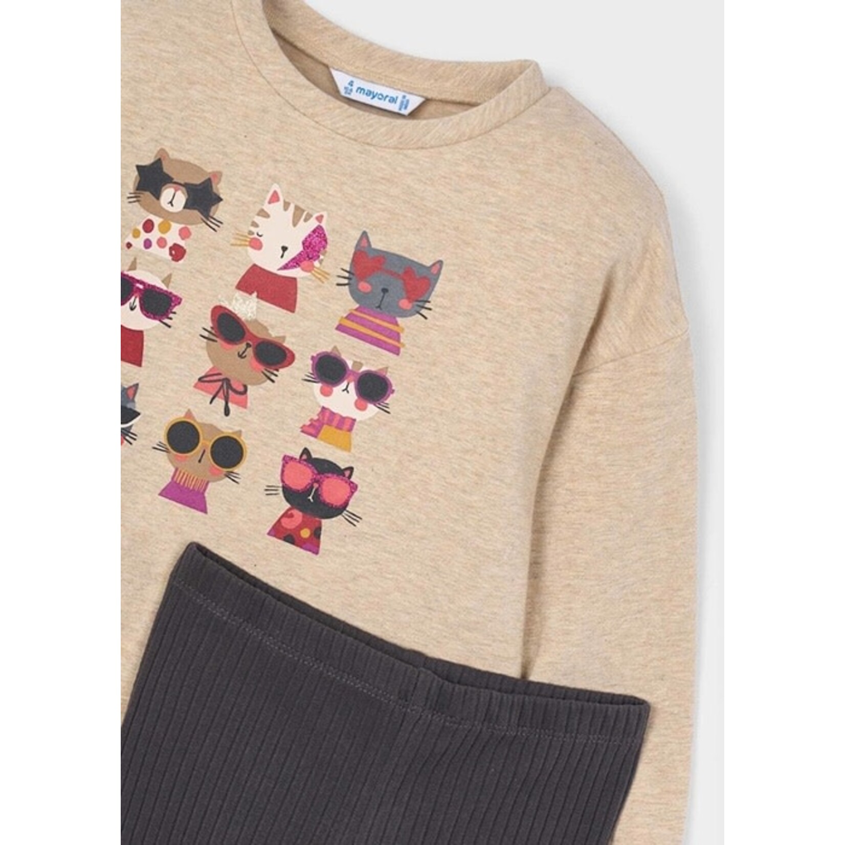 Mayoral MAYORAL - Ensemble 2 pièces - Chandail beige à manches longues avec motif de chats et legging gris foncé côtelé